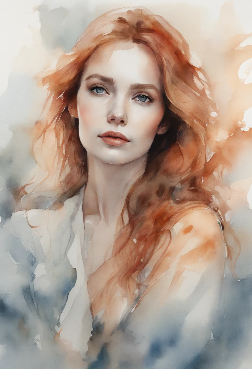 (8K, Best quality, Masterpiece:1.2),(Best quality:1.0), (超高分辨率:1.0), aquarelle, A beautiful woman, Shoulder, tress ribbon, upper legs,Sitting,author：Agnes Cecile, half-body portrait, extremely luminous bright design, Pastel colors, (ink:1.3), Autumn lights