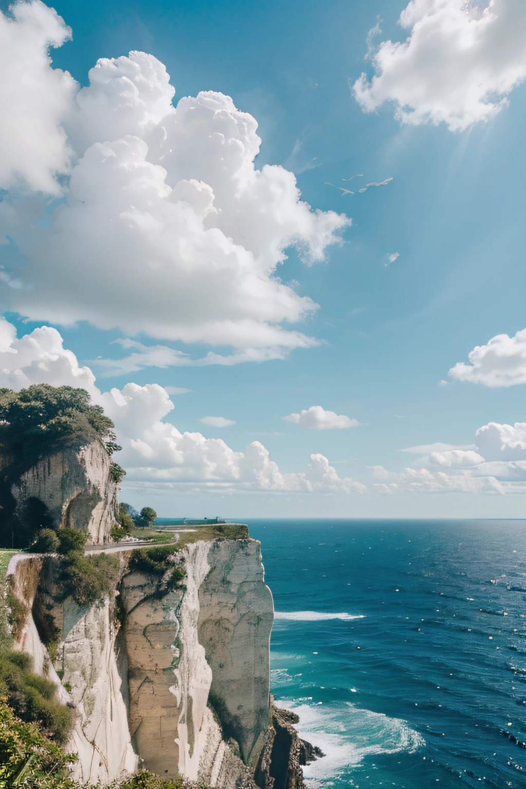 The sky is endless,sheer cliffs，with blue sky and white clouds, Green trees,eagle，the sea，Crashing waves