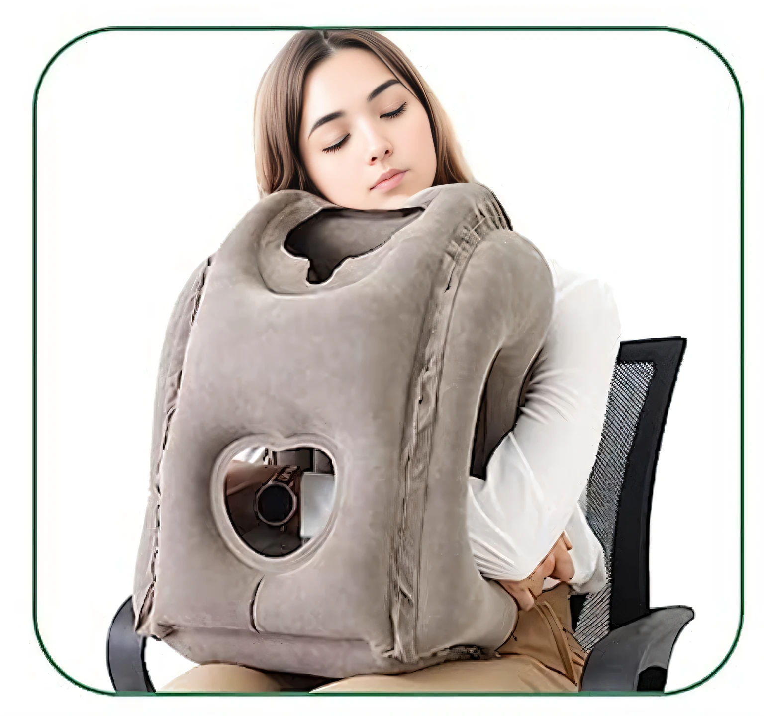 A woman with long brown hair sits in a chair，Close your eyes，Bring pillows, inflatable, advertisement picture, 360º, very cozy], Sleepy, Official product image, Product photo, imagem de qualidade alta, Large, posh, Back against the pillow, high-angle, Boring, 1 5 0 4, the other is used for flight, 480p, 360*，Hyper Real，photorealestic