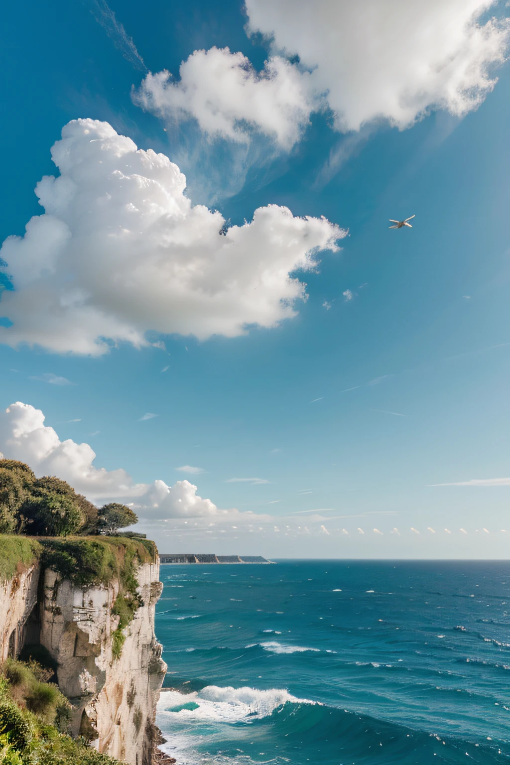 The sky is endless,with blue sky and white clouds, Green trees,eagle,the sea,Crashing waves,sheer cliffs