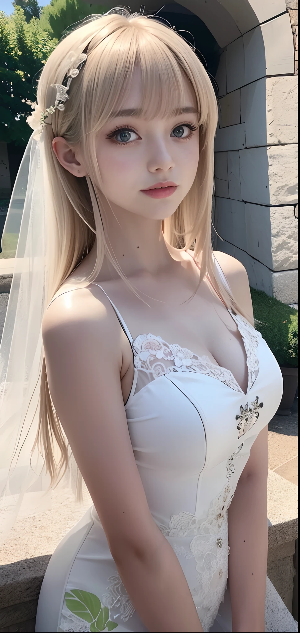 girl with,16 year old,European countryside,Blonde,bangss,Pretty Face,wedding dress,Thick muscular arms