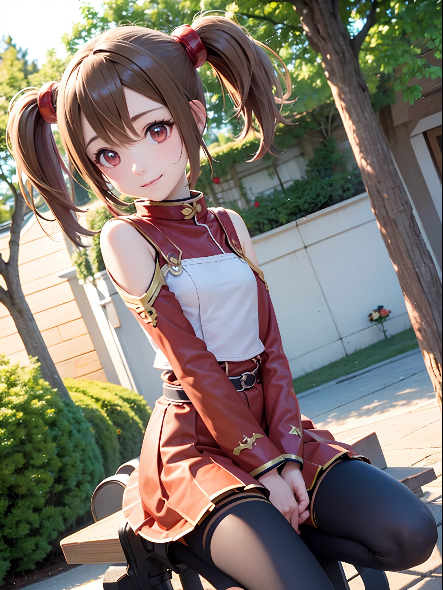 Ultra-detailed, hight resolution, Extremely detailed,Beautiful detailed girl,top-quality,cat ear、 [３D image:1.15]、[8k picture:1.15]、Cute silica、Three-dimensional feeling、[[High quality anime girl with brown hair and brown eyes]]、[3D images:1.25],[[Attractive eyes,A detailed eye、Colorful eyes、radiant eyes:1.25]]、long pony tail ,White and red uniform, 8k picture, ，Cute faces in anime，brown haired、Twin-tailed,[spoiled child]、cowboy  shot、long  skirt