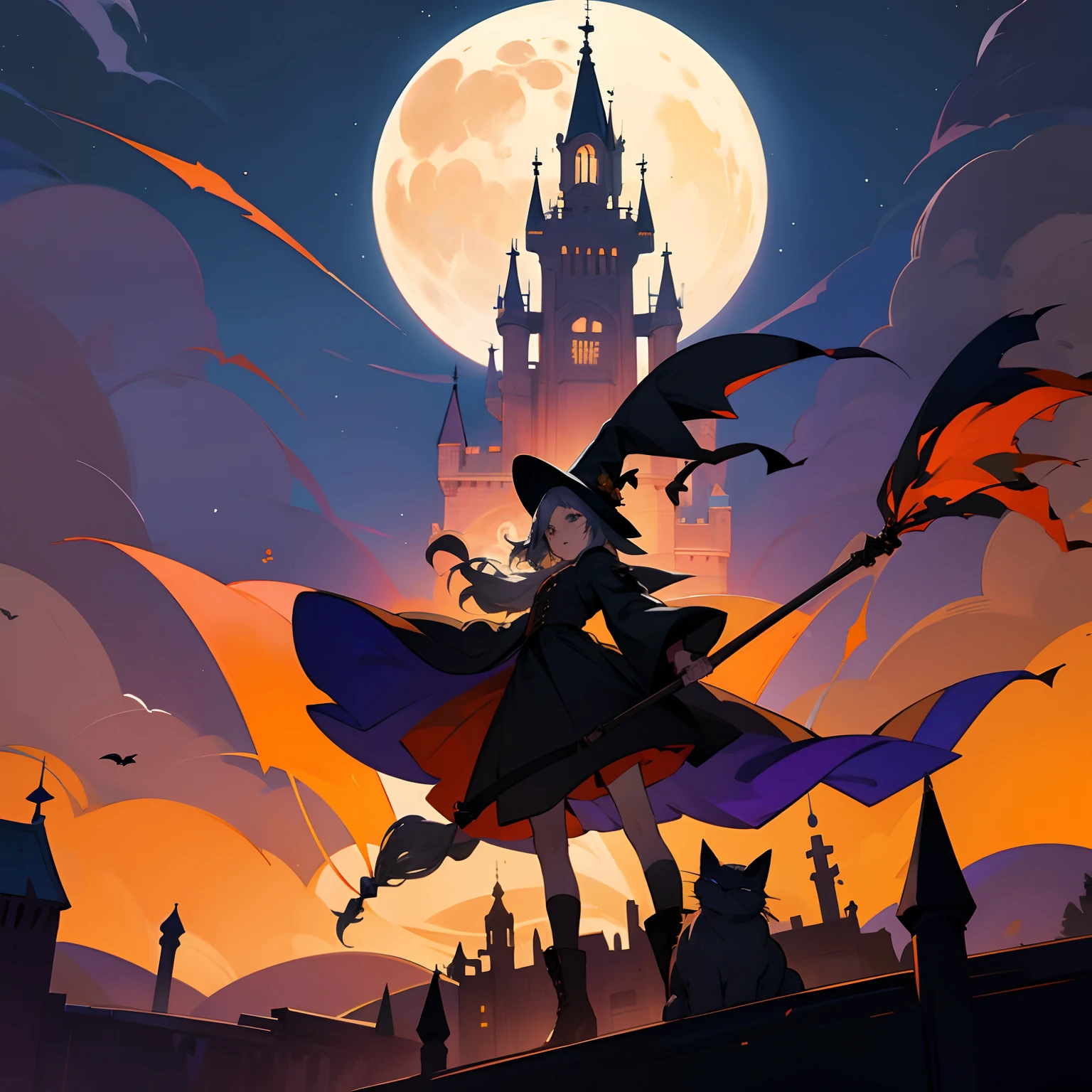 halloween，Witches and cats ride on flying broomsticks，European castles，nigth，Spooky sky