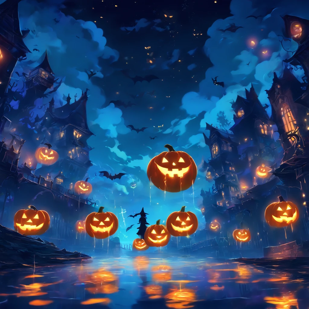 Halloween Floating Lights, Light and reflection in the film, glowing lights, Intermediate elements of the metaverse,Digital Painting, Bright Reflections, reflect, Halloween Jack-o'-lantern, Quiet night, Digital Illustration, lovely atmosphere, Skylight at night, Quiet atmosphere at night, Jack-o'-lantern, Halloween, it is night, Ten, The game scene, Halloween, Surrounded by clouds, New York's Buildings, Enamel Tile, beautifuly color, There are three arches in the foreground((Tinte Placing Ink ) ), ((splashing ink) inky})), tmasterpiece, High career, graphics beautiful, high details,magnifica