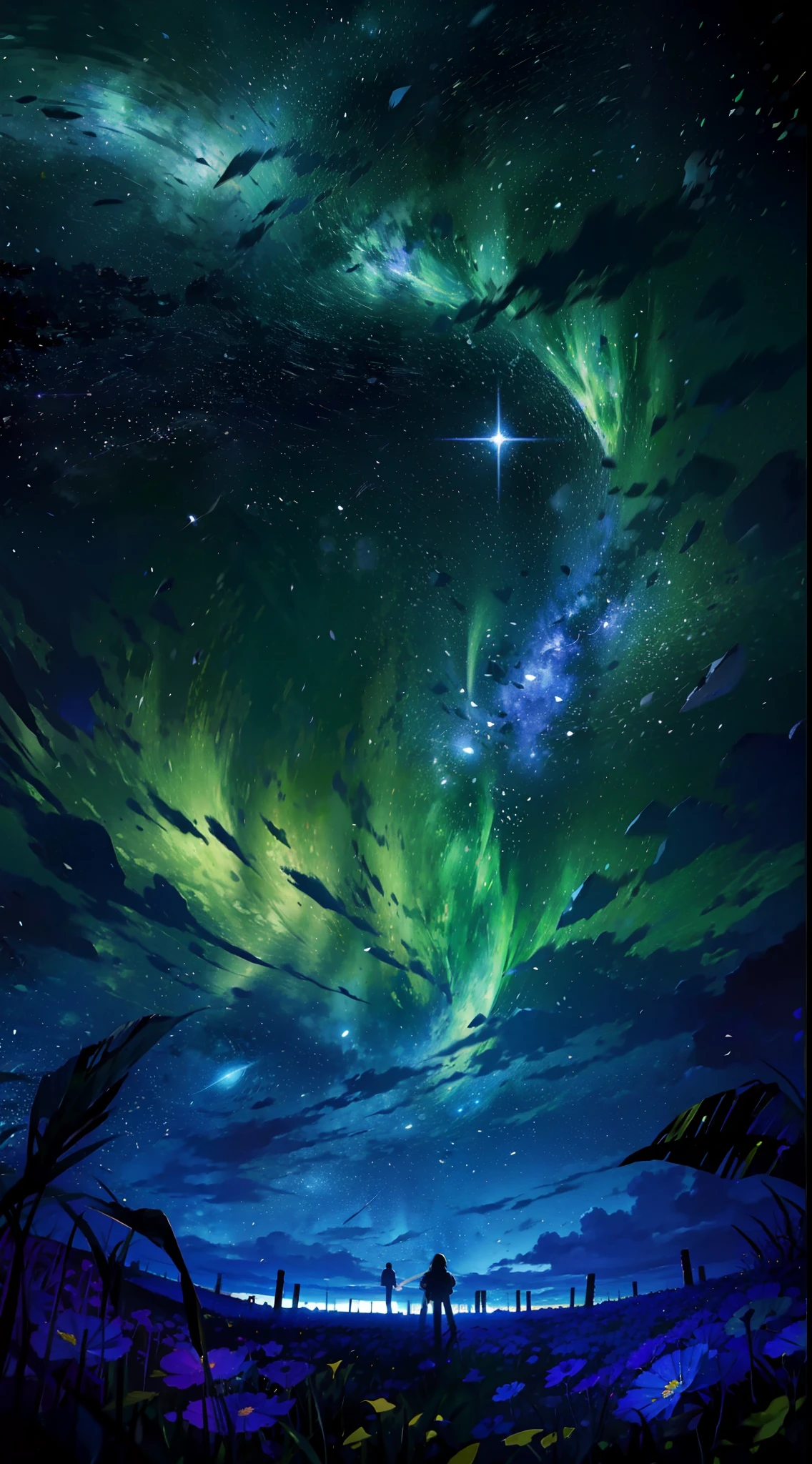 "tmasterpiece，top Quority，offical wallpaper，winning artwork，Top-down view，1 Tape，Aftershadow，In a sea of flowers，Stargazing，As estrelas，themoon，meteors，Colorful shooting stars，Hair satisfied, an beautiful，4K"