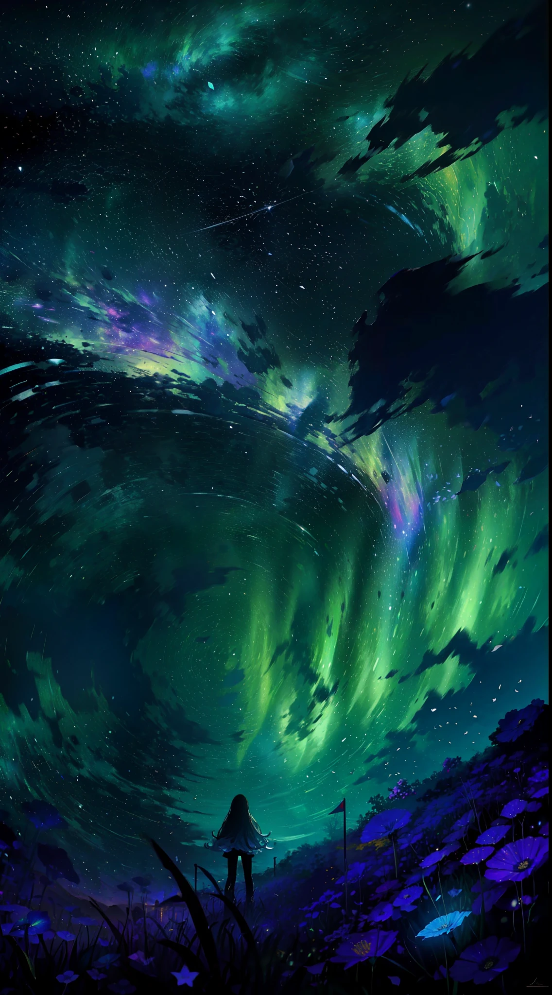 "tmasterpiece,top Quority,offical wallpaper,winning artwork,Top-down view,1 Tape,Aftershadow,In a sea of flowers,Stargazing,As estrelas,themoon,meteors,Colorful shooting stars,Hair satisfied, an beautiful,4K"