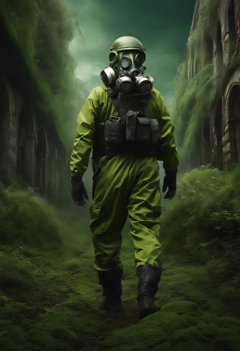 (ultra detalhado), (master part), (best quality), (muito detalhado CG unidade 8k papel de parede), A man in hazmat gas mask suit exploring abandoned city, Seguindo a estrada, polluted, abandonado, (green sky), Negligenciado, Amanhecer, arte conceitual, (small growths of tiny shiny fungi, Roots, Esporos, polluted air), (greenish sky), Escuro, post-apocalypse, cinemactic, altamente detalhado, papel de parede estilizado