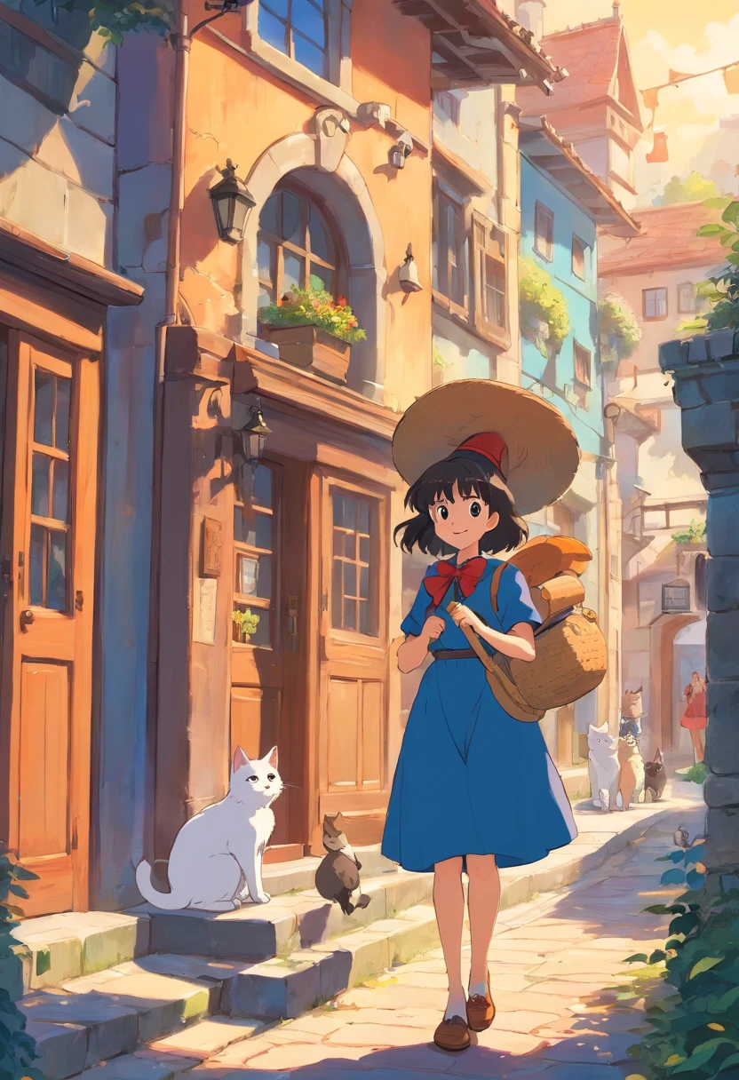 Witch Delivery Service,Menina brincando com seu telefone no lado da rua,Estilo Ghibli,Background of living in Croatia,Gatos passando por ali