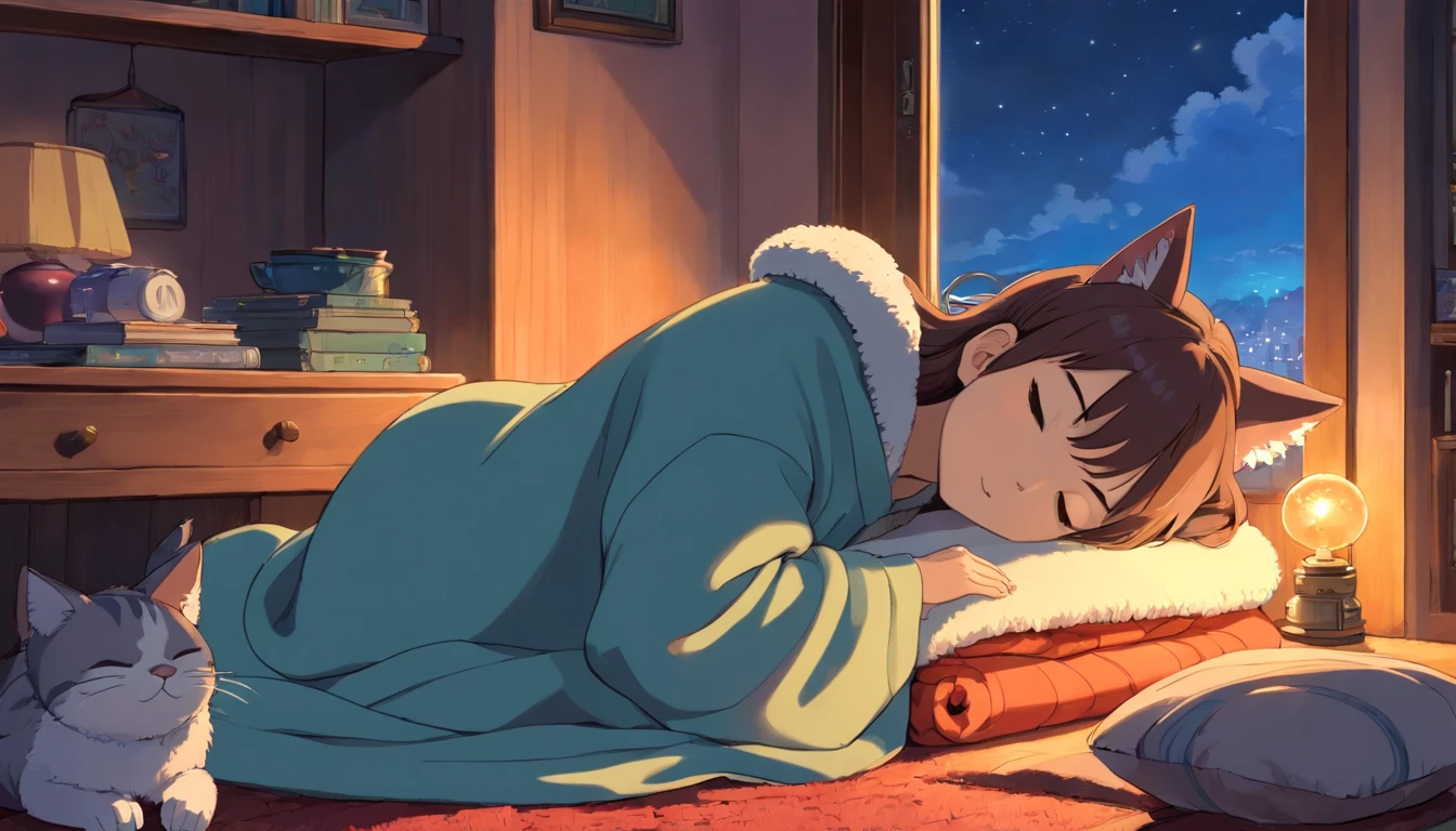 a girl, lying down sleeping, wearing a big sweater, wearing headphones, legs covered with blanket, not showing toes, lofi, calm, calm atmosphere, in her room looking at the window, cool, night, quiet night, cat, masterpiece, best quality