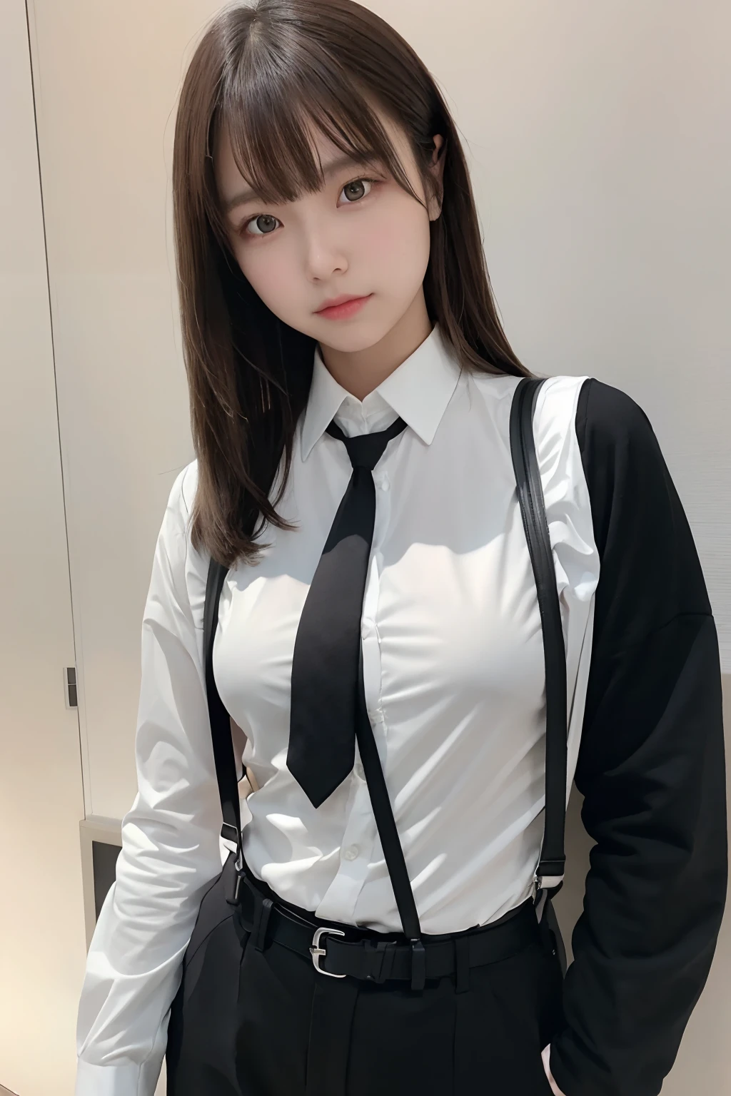 Of Japanese10Teenage Girls。A round face with plump cheeks makes you look young。The eyes are slit and long.、expression is dark。The mouth is large、The lips are thick。Wearing a simple black suit。Not a pantsuit、Black tight skirt。He wears a white curler shirt under his suit。Accentuates natural, large breasts。Shirt buttons3More than one open。No undershirt is worn under the curler shirt。The skin is visible through the skin。Her hairstyle is a ponytail with bangs and long sideburns.。Tied with a red ribbon。Wearing a scrunchie on her left wrist。Train seats in the background。Sitting in your seat、The legs are wide open from the base of the thighs.、The white inner layer is slightly visible.。