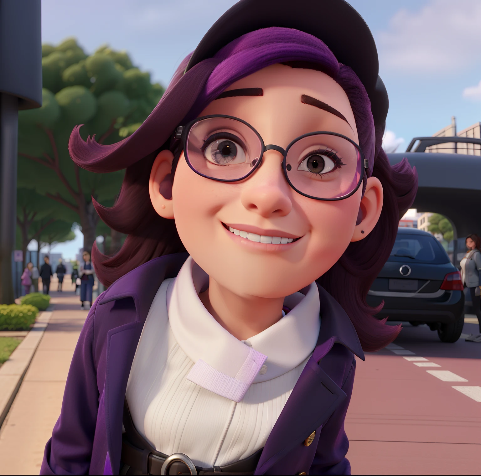 4k, Realistic, alto detalhamento, super olhos detalhados, roupas de moda, trenchcoat rosa, boina francesa, black pants with belt, cabelos longos, na cidade, cabelo rosa, Purple eyes, Yae Miko, wearing trendy sunglasses,
