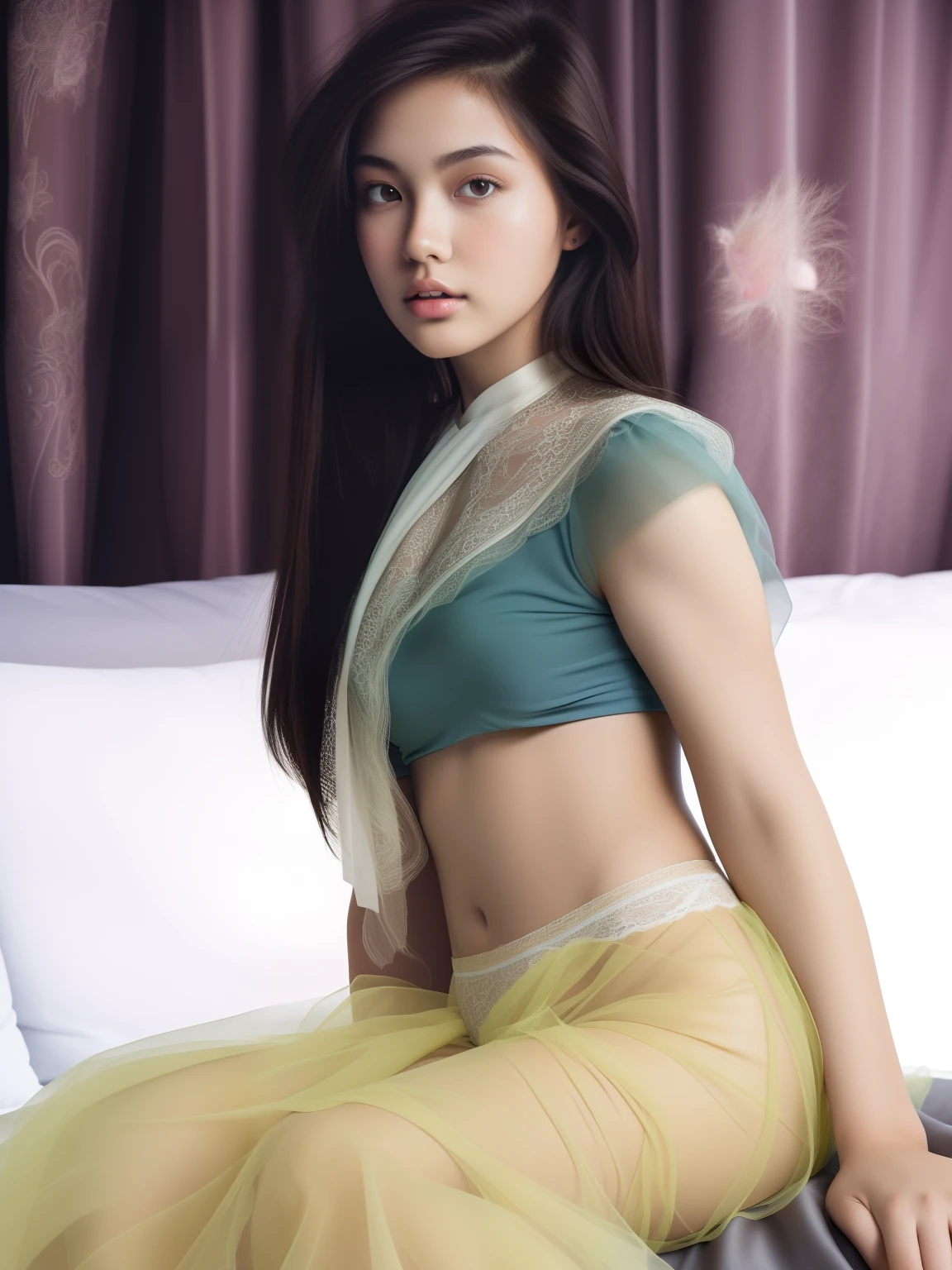 Full body, precise proportions, Chinese model, 18 years old Chinese girl, slim model lying on the side of bed, single, petite, hair fluttering in the wind, tulle, long legs, slightly open feet, buttocks, blush, shyness, collarbone, abs, double weave, chinese woman, beautiful and delicate face, fair skin, real skin, (detail face), goose egg face, pores, super high resolution, 8k, parameters Best quality, masterpiece, super high resolution, (Realistic 2.0), More details, detailed skin, white panties, brunette straight hair, beautiful eyes, asian girl, slim, fashion, cosplay girl, girlfriend, beautiful, beautiful, flowers, studio lighting