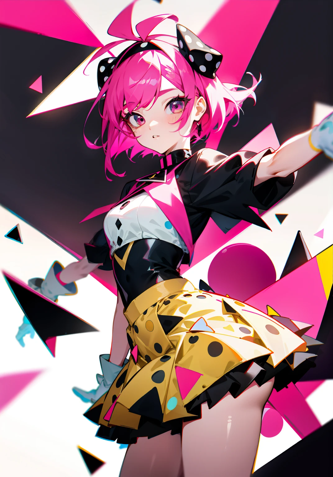 kpop girl with short nice fadecut pink hair, colorful glowing gass mask, lots of shapes attatched everywhere, random shapes mostly triangle, yellow skirt with polcadots, red gloves, and an 2 antena headband