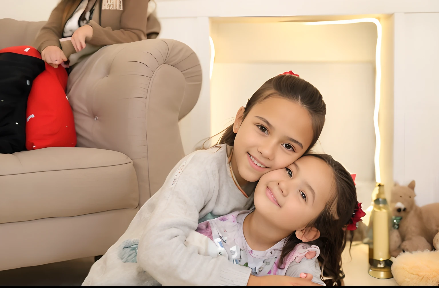 A highly realistic scene of two Italian sisters who look like Jenna Ortega, a -yeld ann 8-year-old,ying a bed in their cozy bedroom. The 14-year-old, witshor-len brown hair and expressive eyes, wears casual shorts and a tight, bright T-shirt. She is sitting on the bed and looking directly into the camera with a warm and engaging smile, with her hand resting on her knee. The 8-year-old girl, with long,y haind a playful demeanor, wears a colorful T-shirt and shorts. She laughs with joy as she jumps or bounces on the bed next to her older sister. The bed is made up of a cheerful patterned duvet and dotted with soft toys and pillows. The room is decorated in a warm and inviting style with personal touches: a bookcase full of books and knick-knacks, family photos on the walls and a soft rug on the wooden floor. Natural light filters through a window adorned with light curtains, casting a soft light on the scene. The atmosphere is lively and affectionate, capturing the playful interaction between the sisters and the big sister's direct connection to the camera