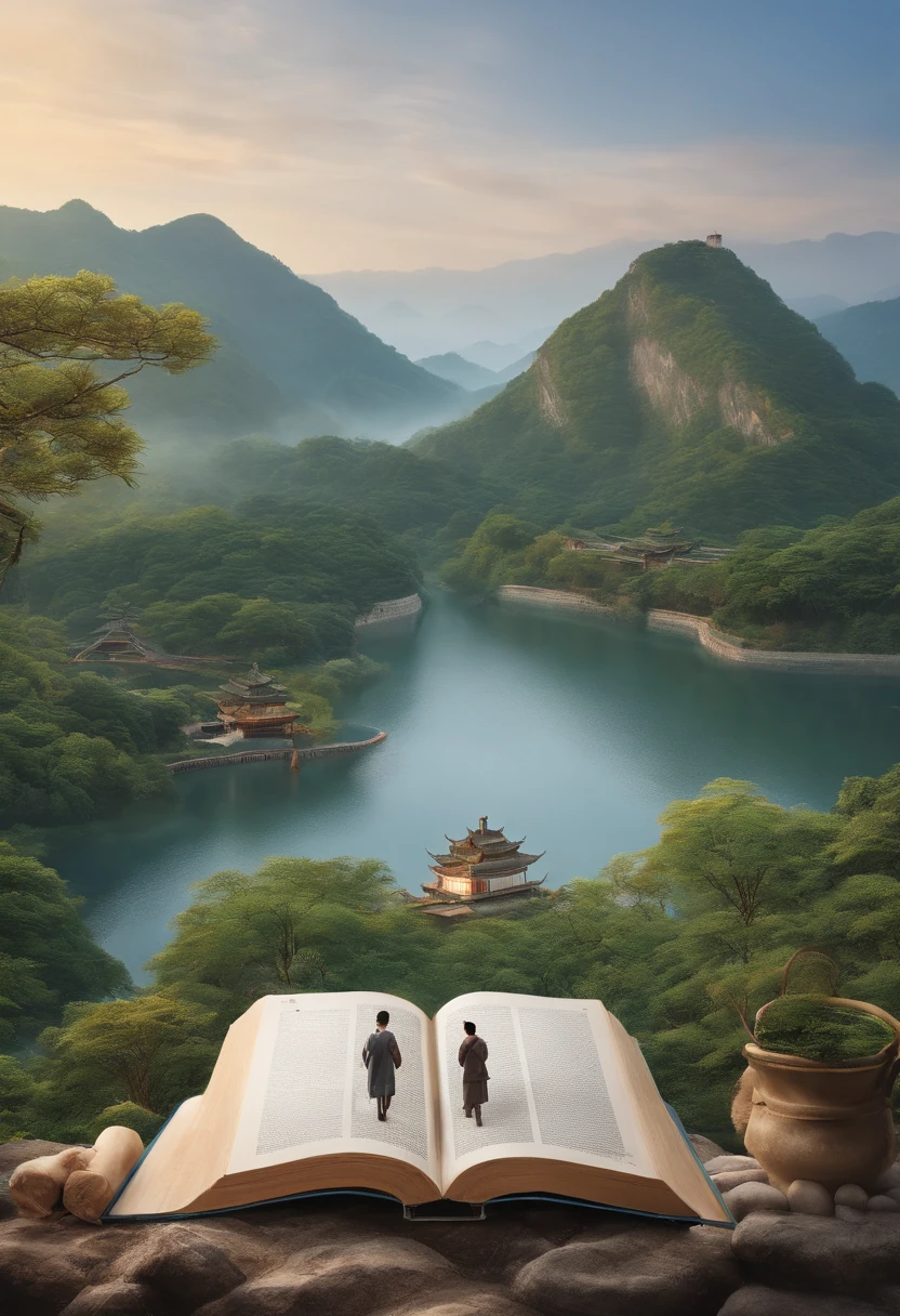 There were three people running around a book, The background of the book is the sky, exciting illustration, author:Cheng Jiasui, promotional poster, novel cover, warm and joyful atmosphere, author:Wang Yi, daily life, poster for, inspired by Ding Yunpeng, by Yang J, author:Qu Leilei, encyclopedia illustration, author:Xia Chang, author:Li Fangying, trending on cgstation, Surrealism, 16k