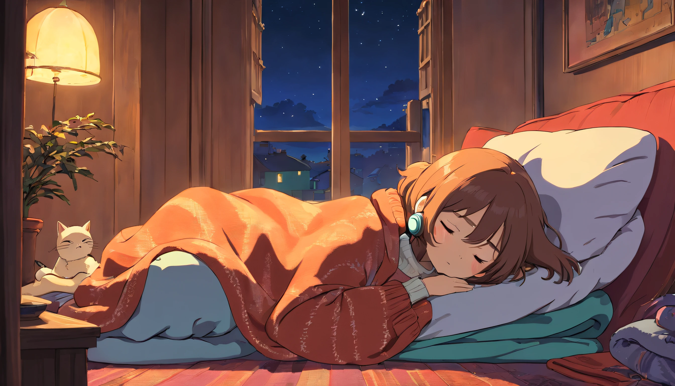 a girl, lying down sleeping, wearing a big sweater, wearing headphones, legs covered with blanket, not showing toes, lofi, calm, calm atmosphere, in her room looking at the window, cool, night, quiet night, cat, masterpiece, best quality