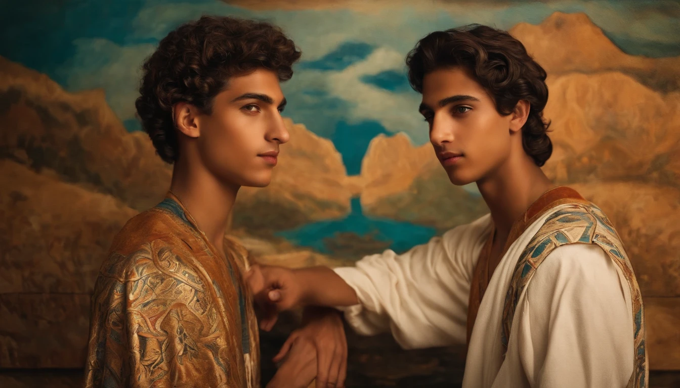 Create an artwork featuring two beautiful young men, -yestyled in the manner of the frescoes of the Minoan civilization."