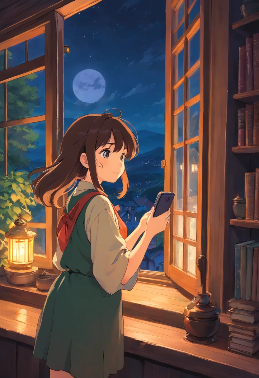 Witch Delivery Service,Girl playing with her phone by the window,Medium length brown hair，grieves，Ghibli style,Background of living in Croatia，the night，The light outside the window was dim，