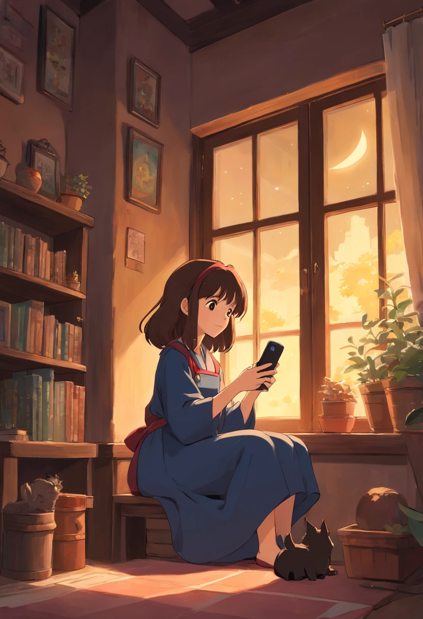 Witch Delivery Service,Girl playing with her phone by the window,Medium length brown hair,grieves,Ghibli style,Background of living in Croatia,the night,The light outside the window was dim,