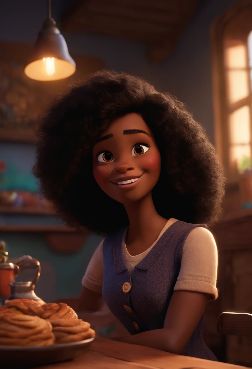 Um filme inspirado na Disney Pixar (****** NEGRA JOVEM COM CABELO LONGO CACHEADO PRETO) dentro A cena estar na arte distinta do estilo PIXAR, descolada e estilosa