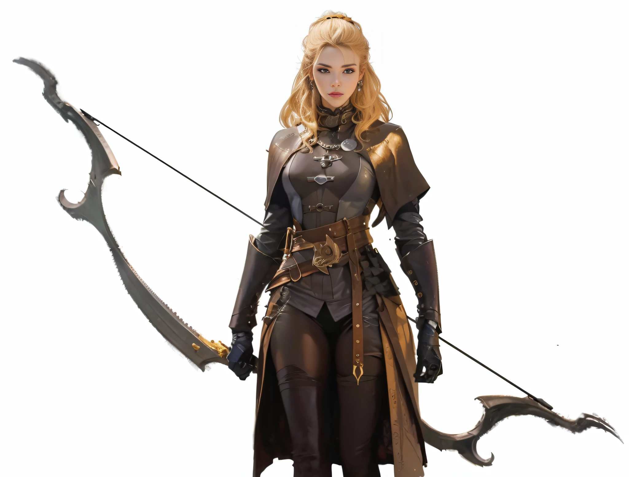 leathers，thongs，Leather material，archer，Bow and arrow structure，the bow，crossbow，blond hairbl，Beautuful Women，bow and arrows，leathers，metals，ssmile，low head，Small loli，teens girl，ember，the face，the hair，Hairline，woman's face，femele，coiffed blonde hair，woman，heads，the face，jewely，Pedras preciosas，Diamond，Flashy clothes，obi strip，decor，metals，metals，golds，gold，Cloth pleats，Pedras preciosas，32K ，（tmasterpiece，top-quality，best qualityer，offcial art），（8K，best qualityer，tmasterpiece：1.2），（（（white backgrounid，）））（goods/Baoxiang），fanciful，Europeans，medieval times