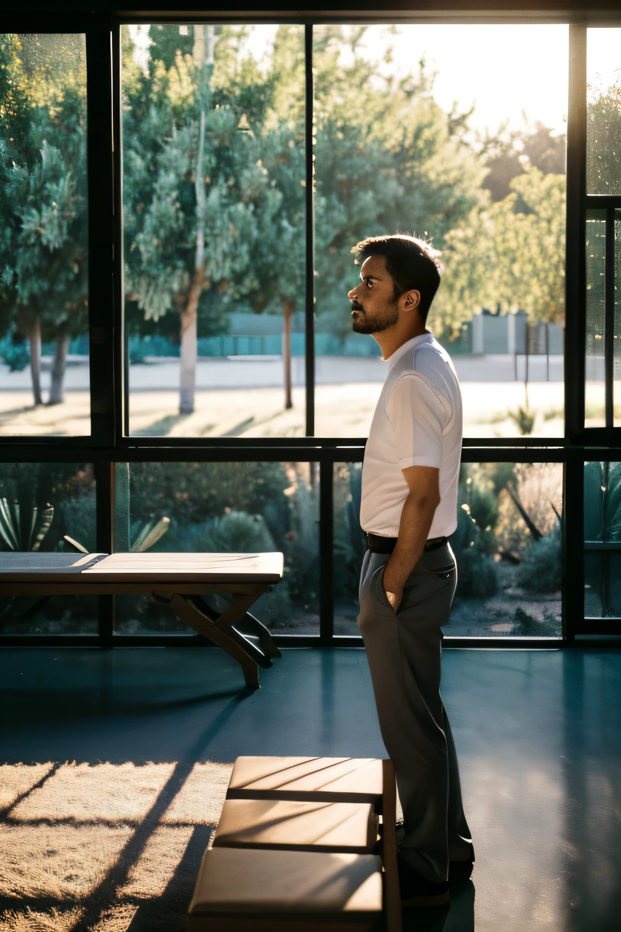 early evening,Handsome middle-aged man,Stand next to the bench,Frontal composition, Photographic works,fully body photo,Intricate minimalist details, vibrant, Epic, smooth, Cinematic, 4K, The light from the back window is backlighted, Fantasy desert background, and shallow depth of field.