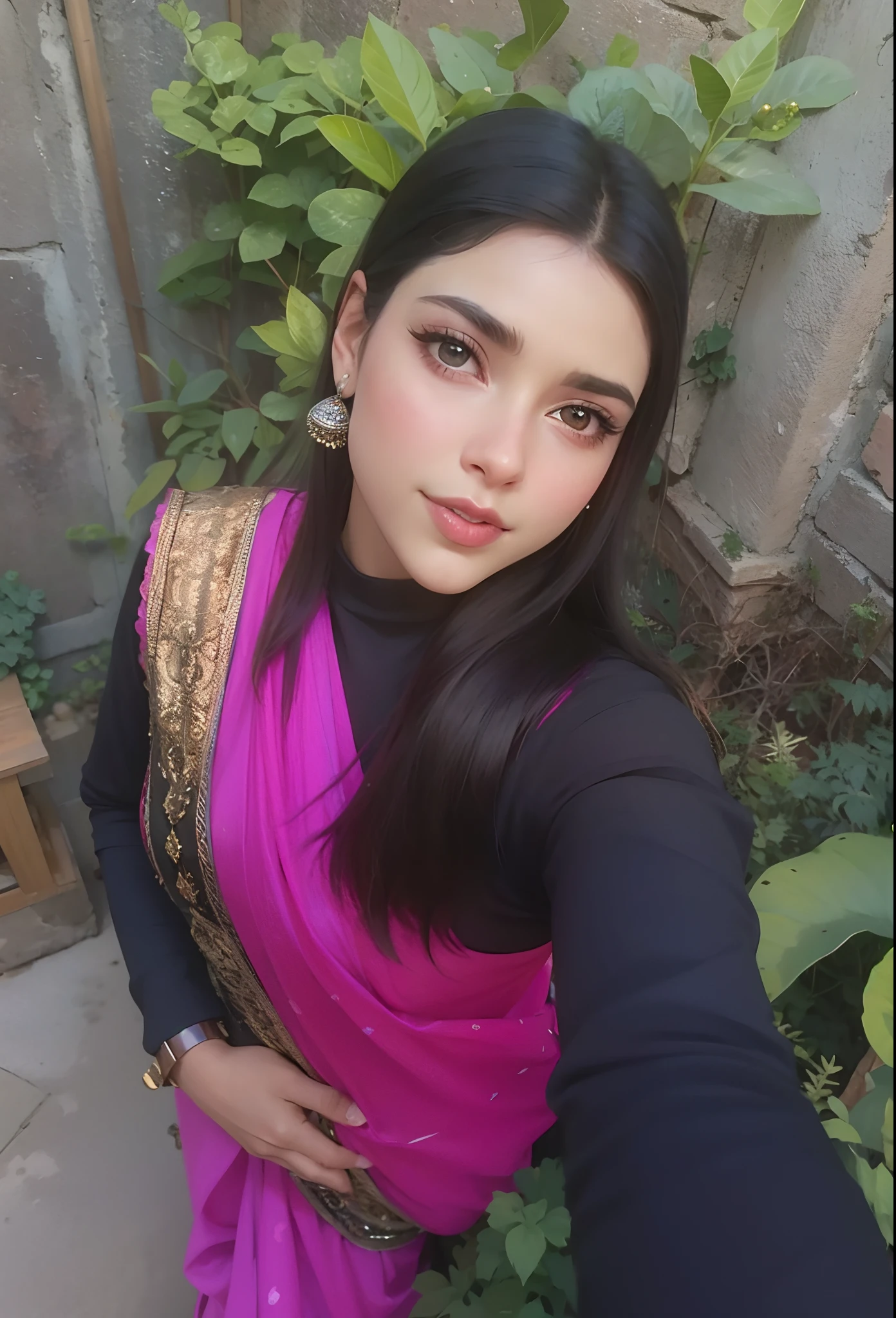 a close up of a woman in a pink sari posing for a picture, selfie of a young woman, maya ali as d&d mage, traditional beauty, inspired by Ambreen Butt, maya ali sorceress, maya ali, maya ali as a mage, maya ali mage, very very low quality picture, wearing a silk kurta, 8k selfie photograph