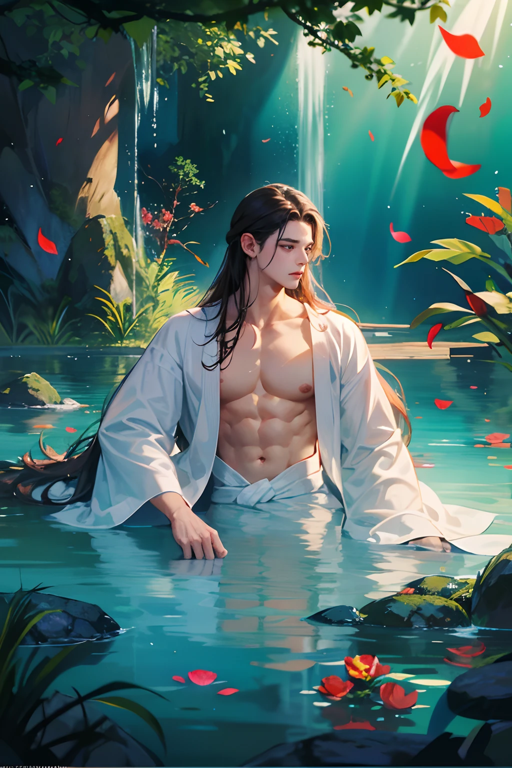 1 boy, Young male, Detailed eyes and faces, Perfect male body, eye looking to camera, (long hair, half body inside water, Topless, bathe in water, wet hair and body),Chinese clothing, China Landscape, Outdoor, Flowers and trees, waterfallr, portrait, color difference, Depth of field, dramatic shadow, Ray tracing, Best quality, Cinematic lighting, Extremely detailed CG, 8k wallpaper,
