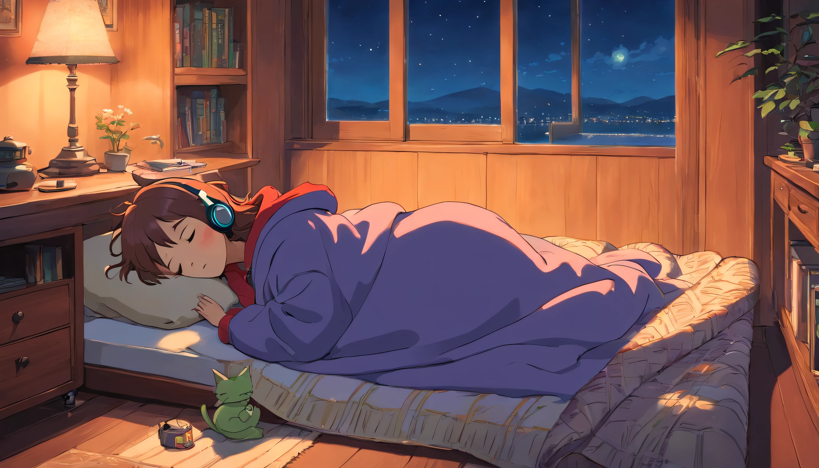 a girl, lying sleeping, wearing a big sweater, wearing headphones, legs covered with a blanket, lofi, calm, calm atmosphere, in her room looking at the window, cool, night, quiet night, cat, masterpiece, best quality