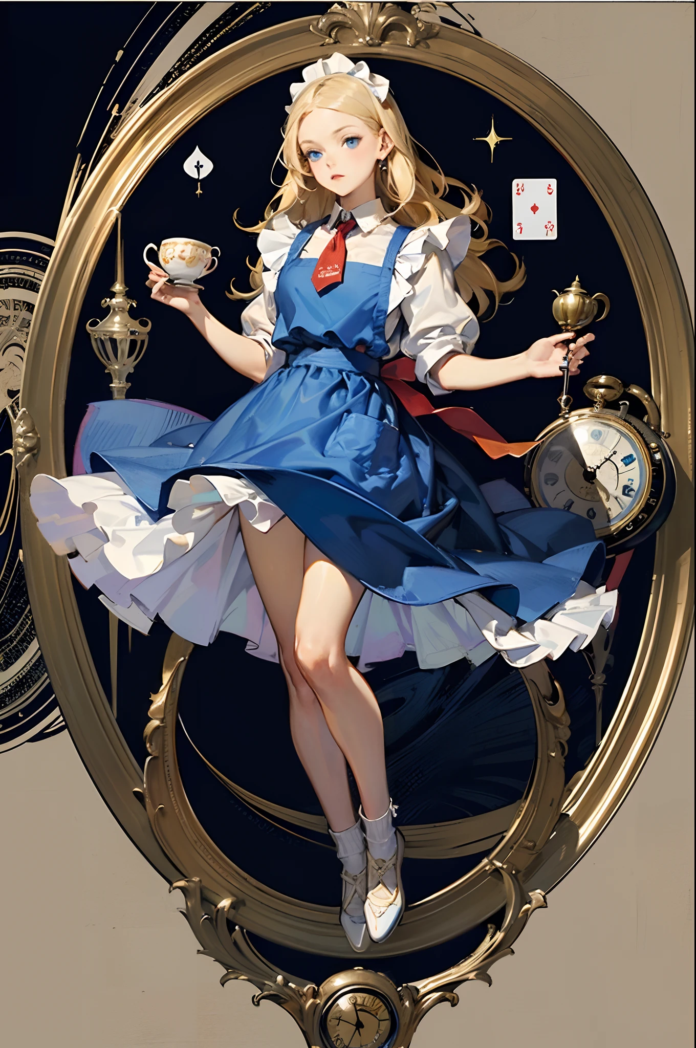 (masuter piece、top-quality、Mystical、Beautifully Aesthetic、Perfect human body balance、offcial art、Impresionismo、von gogh:1.2)、(1 girl in:1.3)、(Fractal Art:1.0)、shinny skin、patterns、(alice in the wonderland:1.2)、(PlayingCards、tea cup、pocket watch:1.3)、(Tie your hair with a ribbon、Blue Dress、a miniskirt、beauty legs、White Apron、white sock、platinum-blonde、Blue eyes)、Exotic wallpapers、highly colorful、Abstract background、Fantastical