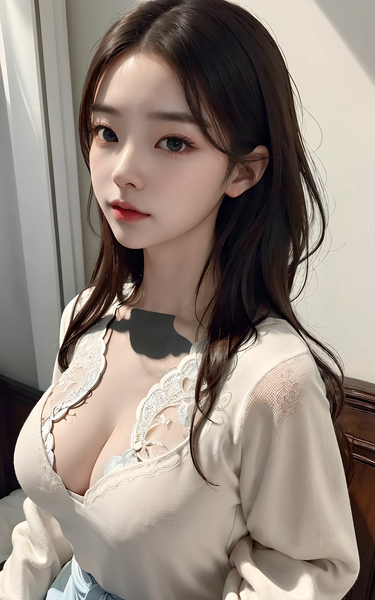 best qualtiy、masterpiece、intricate detailes、depth of fields、top-quality、A highly detailed、hight resolution、4k、超A high resolution、detailed shadow、surrealistic、realisticlying、Dramatic lighting、1 persons、独奏、A detailed face、A detailed eye、real looking skin、big breasts thin waist、Ren Hao、lace-trim、Larger sweatshirt、delicate patterns、intricate detailes、Beautiful eyes,(Lifelike eyes),Smart Body,well-muscled,