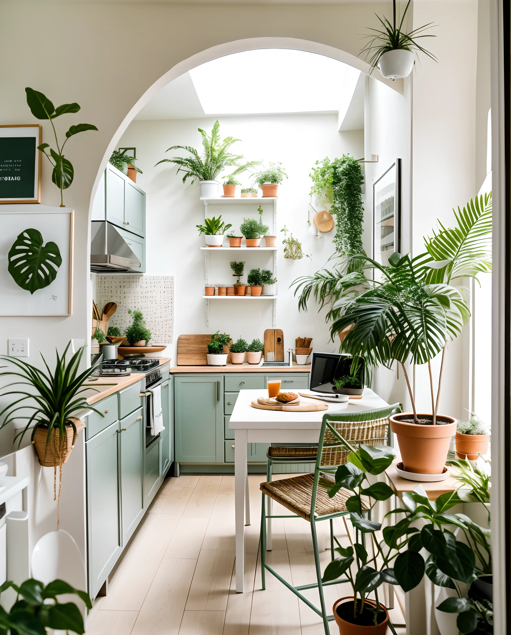 "Modern kitchen room interior design close to nature, potted plants, green plants, ceiling light.",day, 8k uhd, dslr, soft light, high quality, film grain, Fujifilm XT3