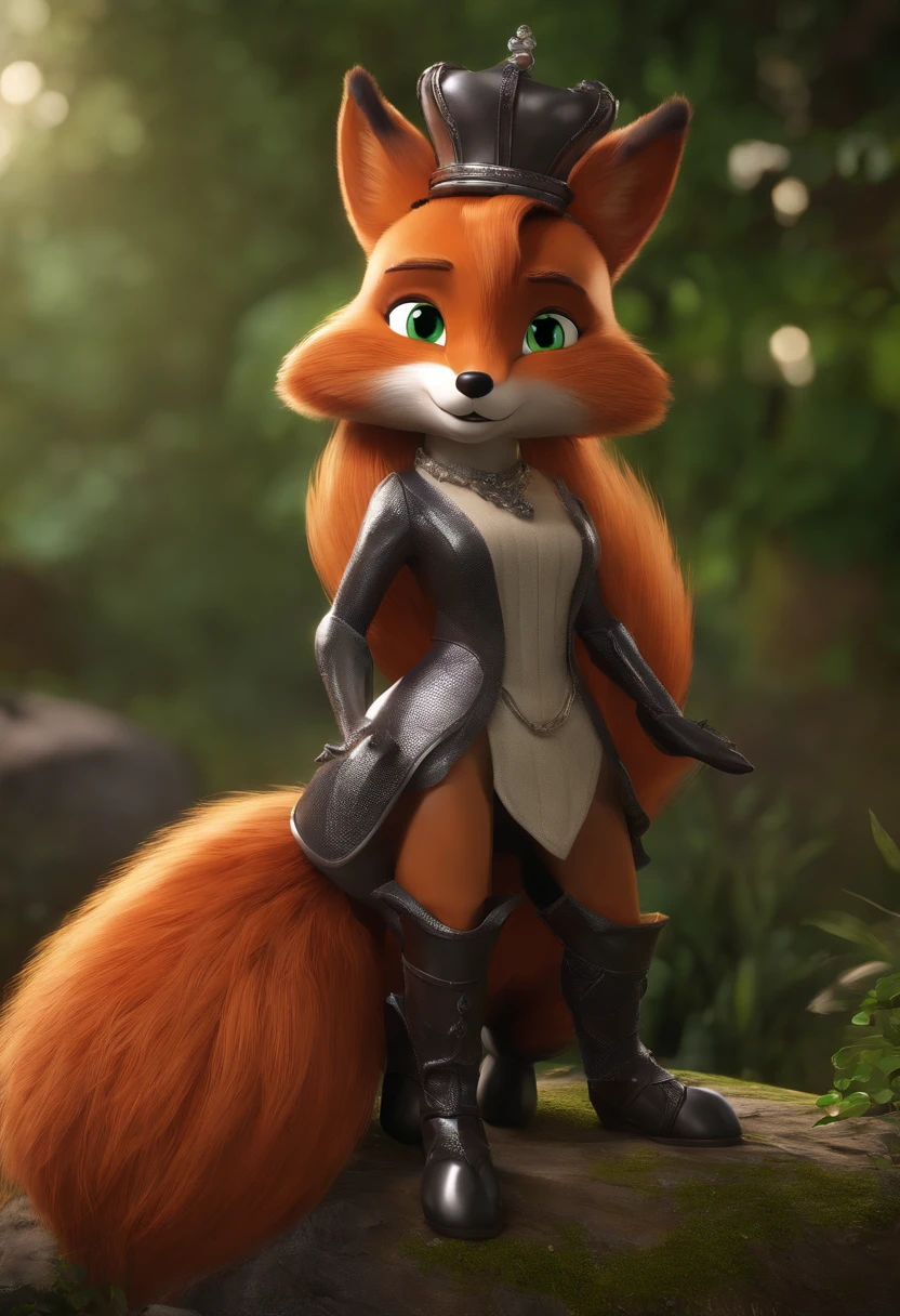 Female anthro furry fox wearing detailed wetlook shiny glossy latex metallic silver Victorian dress, green eyes, long auburn hair, small tiara, tight bodice, tight sleeves, fluffy fox tail in correct position, large boobs, Pixar, Disney, concept art, 3d digital art, Maya 3D, ZBrush Central 3D shading, cinematic, Reimagined by industrial light and magic, 4k resolution post processing