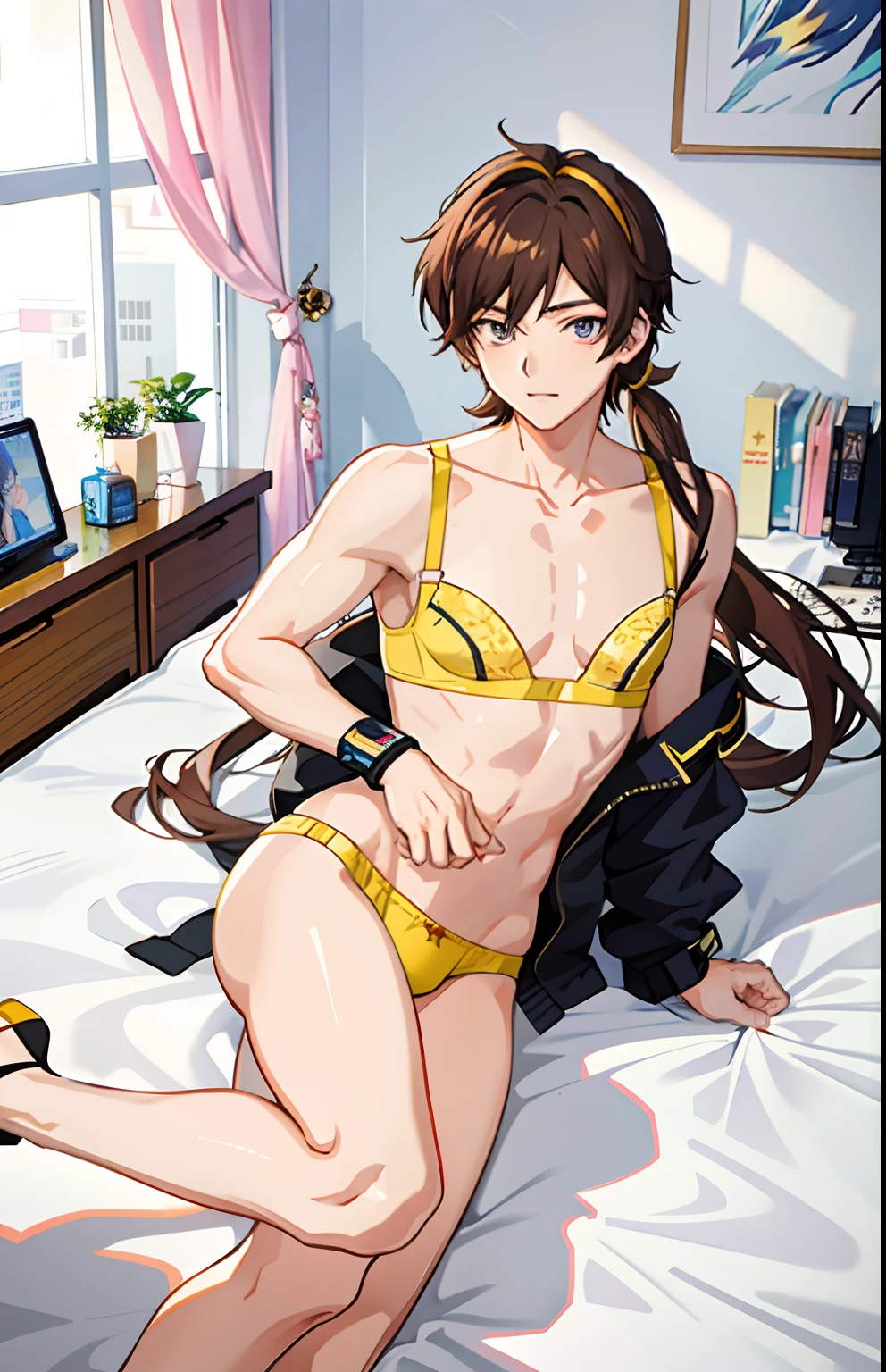 Anime boy in a yellow bra, Long Two Side Up Brown Hair Boy, Long twin-tailed brown-haired boy, Boy with Purple Eyes,Seductive Anime Boy, Boy in yellow panties, Yellow Hairband, anime moe art style, Smooth Anime CG Art, beautiful alluring anime , (Anime Boy), marin kitagawa fanart, Only underwear, Charming anime boys, Ecchi anime style, Anime Best Boy, Cool anime boys, garments:bra very, 8K!!
