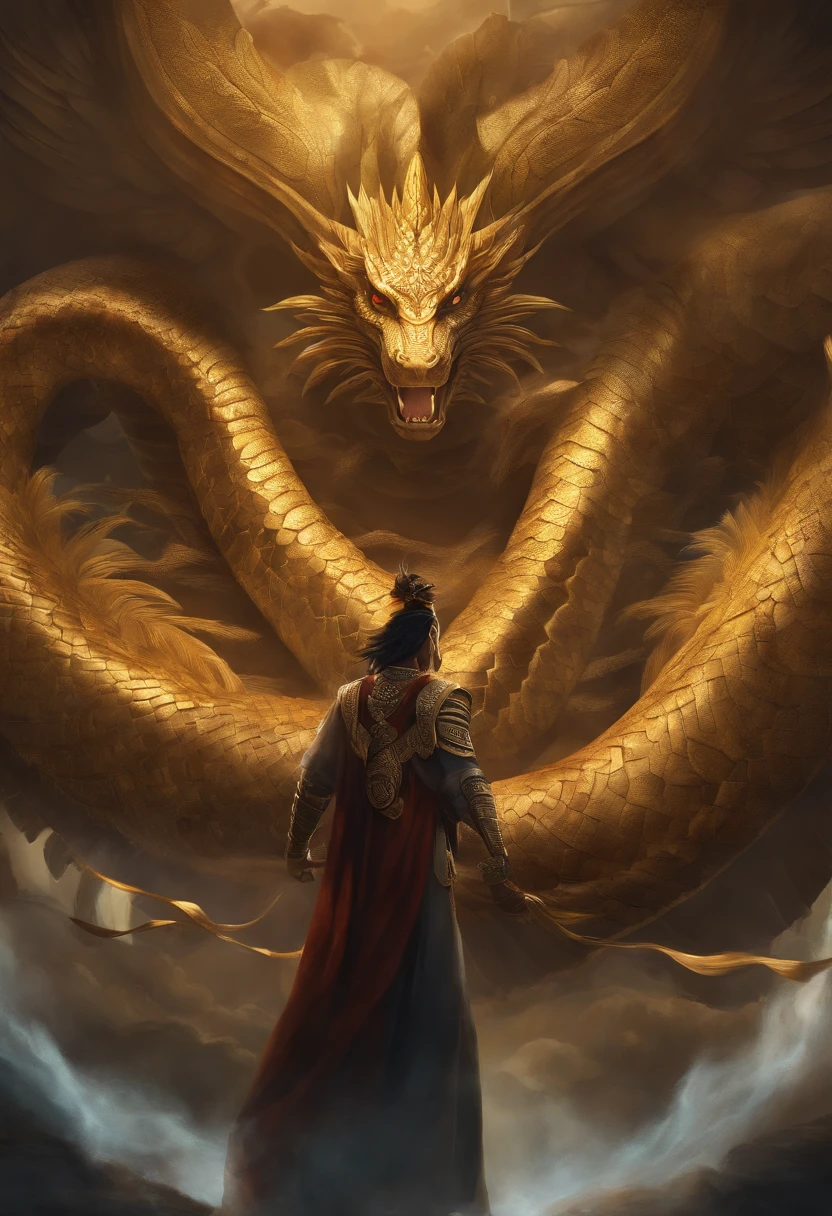 Masterpiece, Best quality, {Best quality}, {{Masterpiece}}, {A high resolution}, anime big breast, 1boys, adult man, Attractive, Exotic, quetzalcoatl, Kukulkan, Snake God, Dragon, serpent, flying feathers, plumage, Aztek, gold, gold, Thunder, Thunder