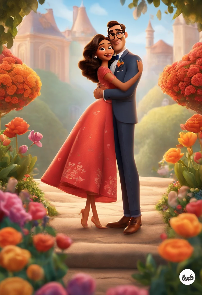 Create a Pixar-style poster titled 'The Tobias' She's a brunette, cabelos cacheados na altura dos ombros, sorridente, usando um vestido, And he's a media mulatto , wearing glasses and suit, smiling against a floral backdrop with vibrant Disney Pixar colors and textures with a couple. arte digital deve evocar o estilo da Pixar, Reminiscent of animated features. Focus on character expressions, cores vibrantes, e texturas altamente detalhadas