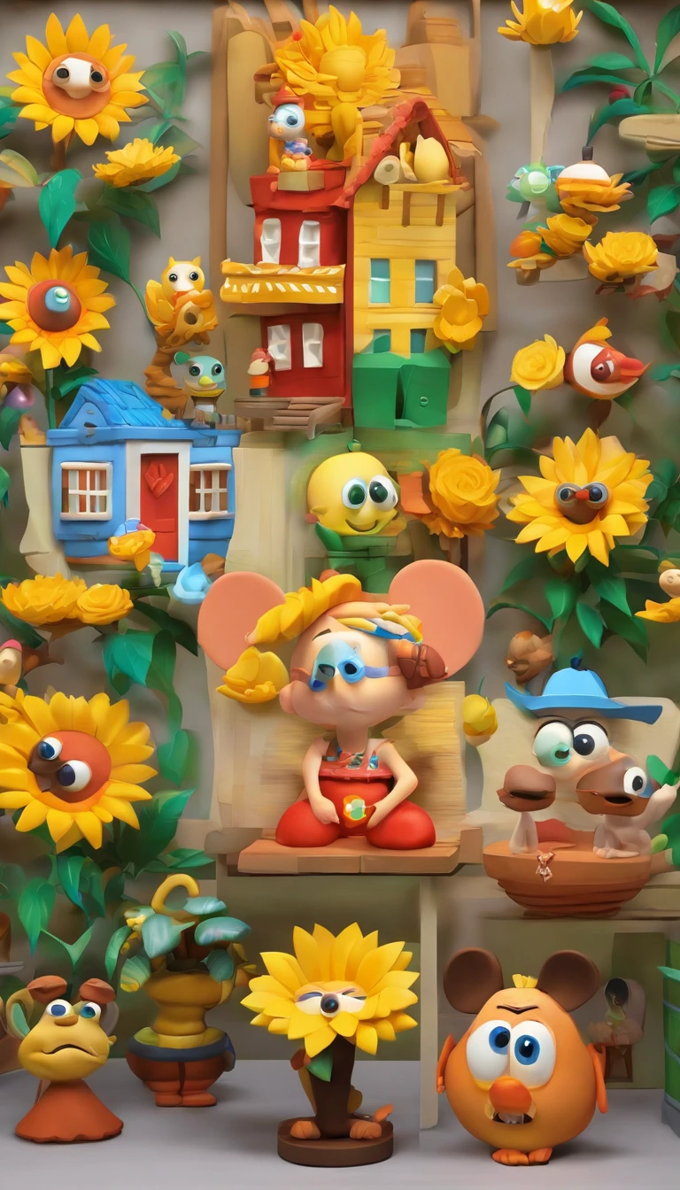 Create a Disney PIXAR-style 3D poster with a family theme with triplets, 1 menino no meio e 2 meninas ao lado, They're hugging each other, O menino tem pele castanha e cabelos castanhos escuros e olhos castanhos escuros, 1 menina tem pele clara, olhos e cabelos escuros e cacheados, e a outra menina tem pele morena, olhos escuros e cabelos escuros e lisos, tudo isso no estilo Disney PIXAR 3D, In the background, A house of sunflowers, Gloria Studio, The garden is full of sunflowers, material de argila, estilo de design cartunesco, POP Mart, soft lighting, linhas suaves, Spring tilt, detailed science fiction illustrations, Detalhes hiper-realistas, cor quente no estilo Disney PIXAR 3D