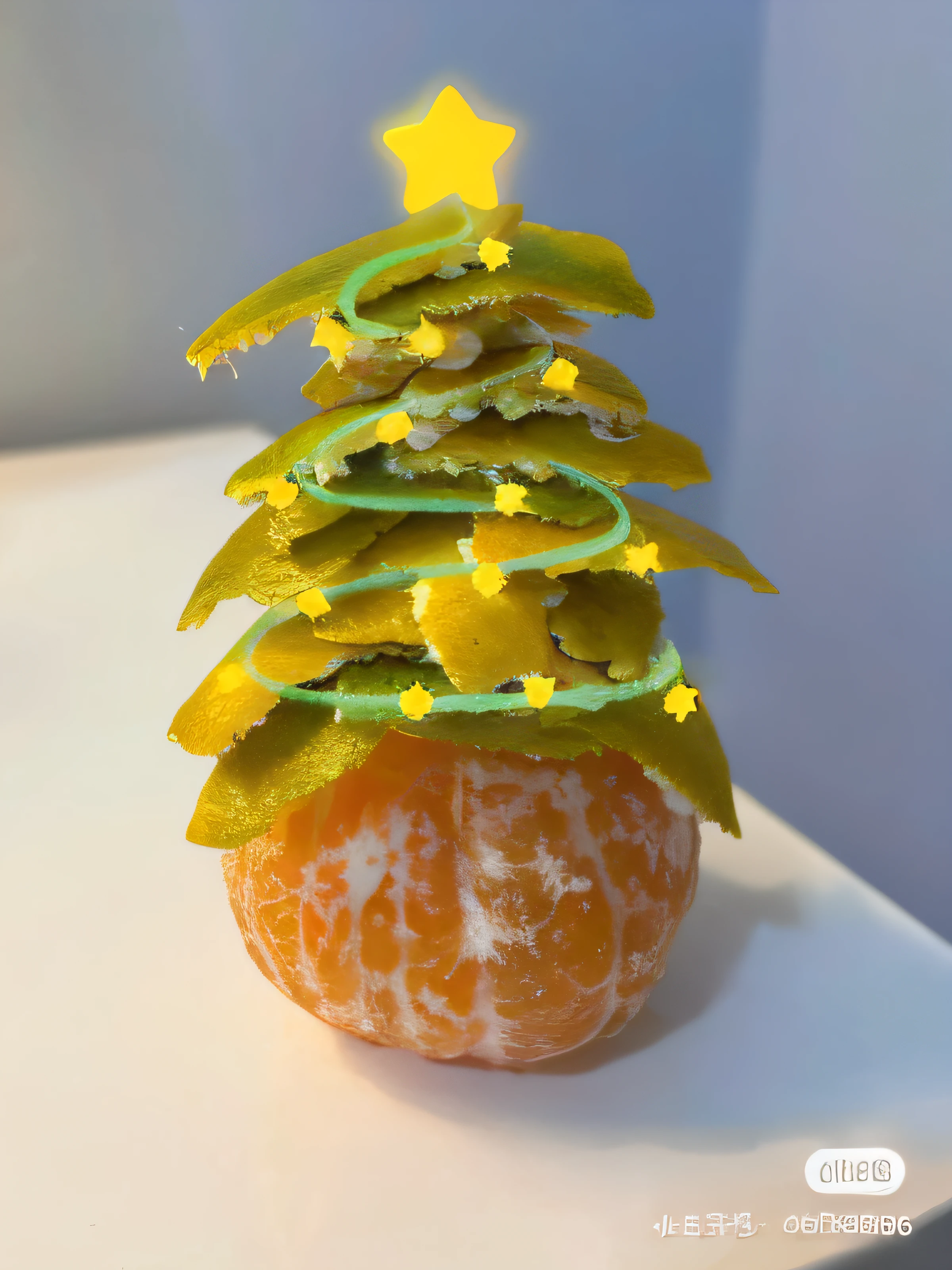 There is an orange,There is a Christmas tree on it, 🐿🍸🍋, michael angelo inspired, an alien fruit, 🥥 🍕 blend, festivity, 🤬 🤮 💕 🎀, Holiday, ❤🔥🍄🌪, Peel the oranges, Christmas tree, author:Emma Andievska, super realistic food picture, 🌲🌌