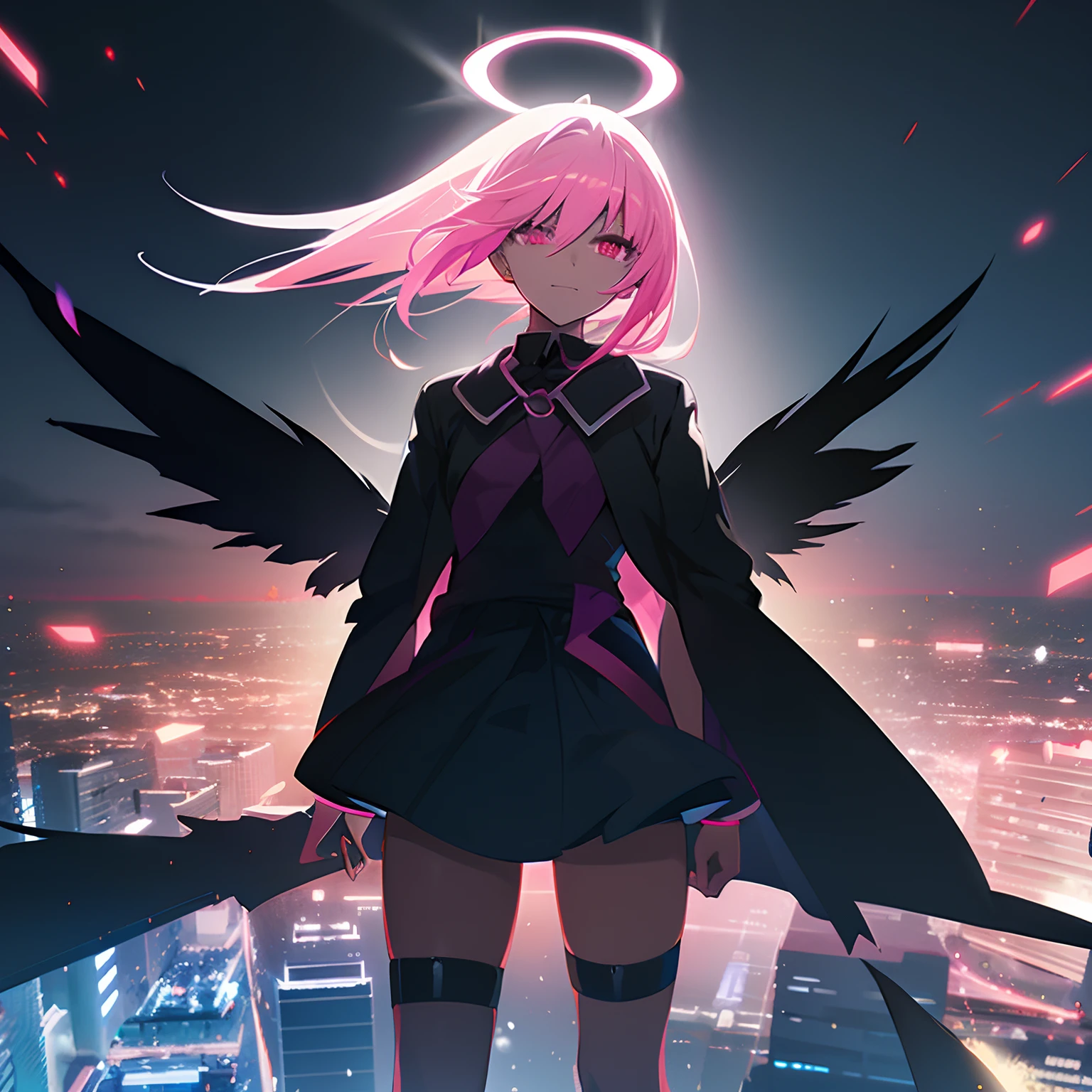 angel of darkness anime girl with black floating hair above her head and pink eyes tan skin destroyed city behind her looking to the side pink clothe