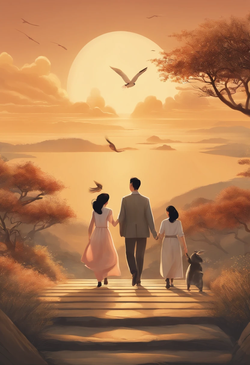 There were three people running around a book, The background of the book is the sky, exciting illustration, author：Cheng Jiasui, promotional poster, novel cover, warm and joyful atmosphere, author：Wang Yi, daily life, poster for, inspired by Ding Yunpeng, by Yang J, author：Qu Leilei, encyclopedia illustration, author：Xia Chang, author：Li Fangying, trending on cgstation, American propaganda poster, 16k