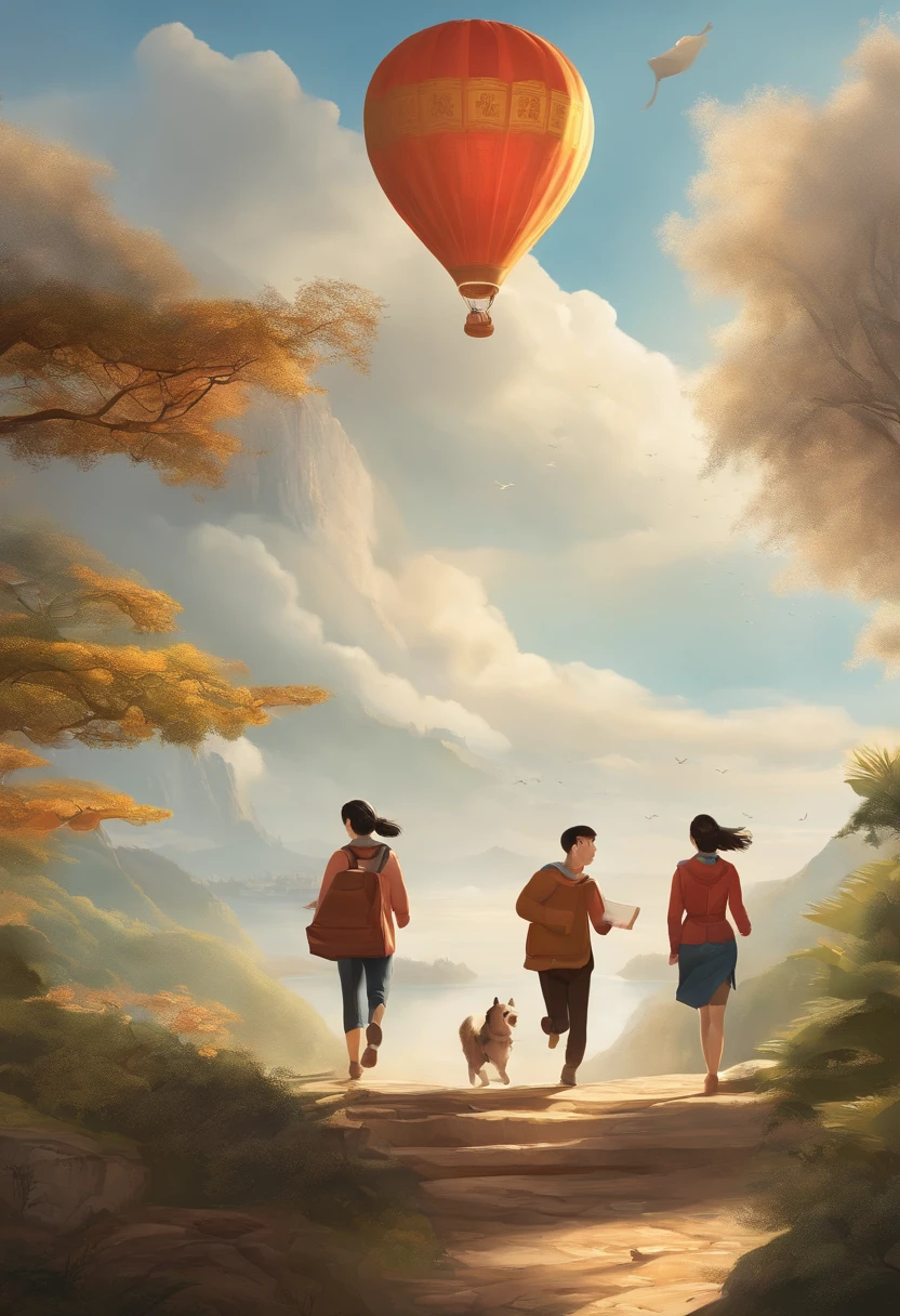 There were three people running around a book, The background of the book is the sky, exciting illustration, author：Cheng Jiasui, promotional poster, novel cover, warm and joyful atmosphere, author：Wang Yi, daily life, poster for, inspired by Ding Yunpeng, by Yang J, author：Qu Leilei, encyclopedia illustration, author：Xia Chang, author：Li Fangying, trending on cgstation, American propaganda poster, 16k