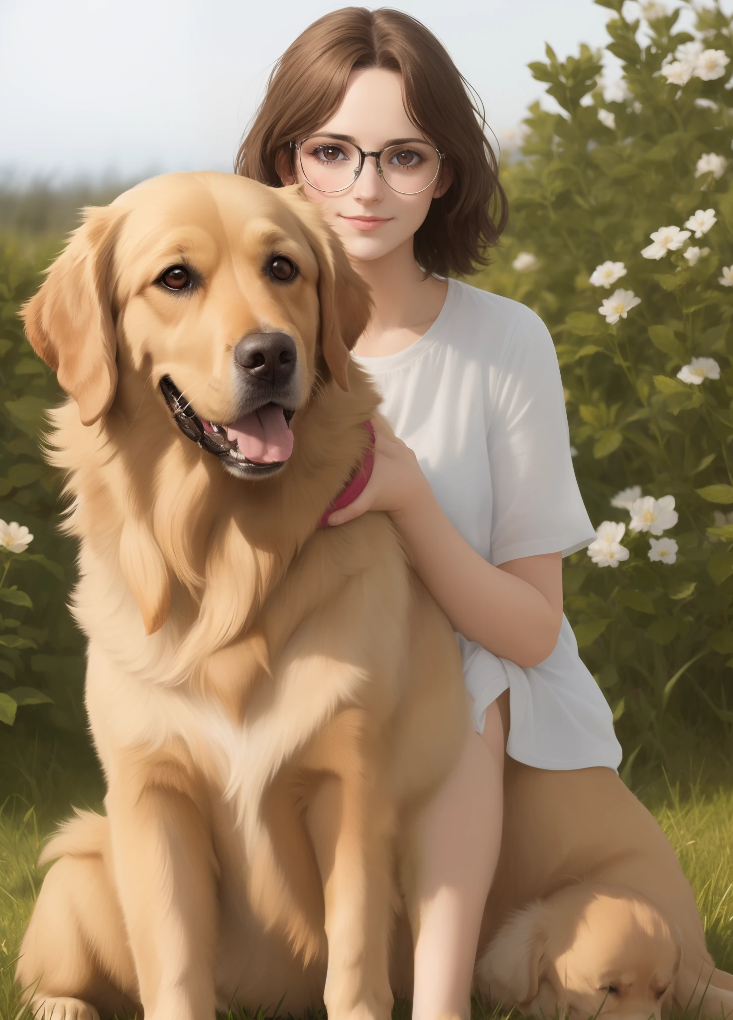 Maëlle jeune fille brune avec des lunettes qui est avec sa golden retriever blanche