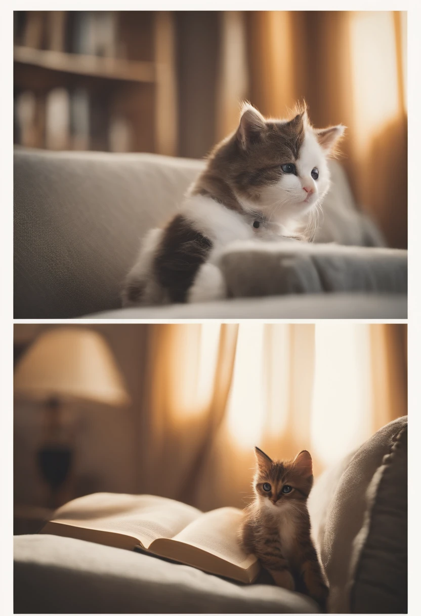 there is a cat on it, um gatinho bonito, The cutest kitten in history, Gato menina muito bonito e bonito, Gato branco lascivo e animado, um gatinho bonito, Gato inteligente, um gato antro, funny cat, gatinhos bonitos, E um gato triste. They read books on the couch、sentado em uma cadeira. They're chilling out after a hard day. They're in their pajamas.