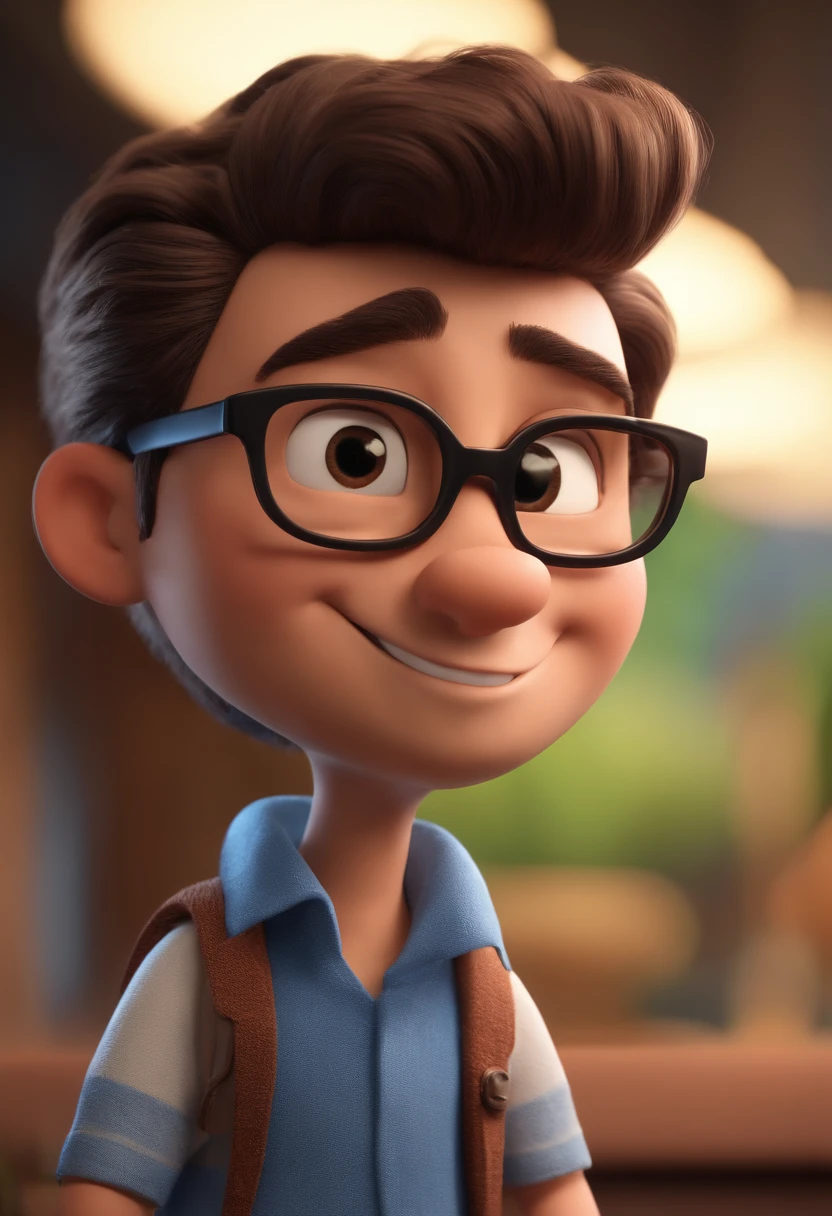 Cartoon character of a man with black glasses and a blue shirt, animation character, Caractere estilizado, animation style rendering, 3D estilizado, Arnold Maya render, 3 d render stylized, toon render keyshot, Personagem 3D, Personagem 3D, 3d rendering stylized, 3 d character render, personagem de desenho animado, Personagem de close up, Pose de personagem,  (Estilo Pixar) (master part:1.2) (Bokeh) (best quality) (pele detalhada) (textura detalhada) (8k) (argila) (Cinematic lighting) (foco nítido