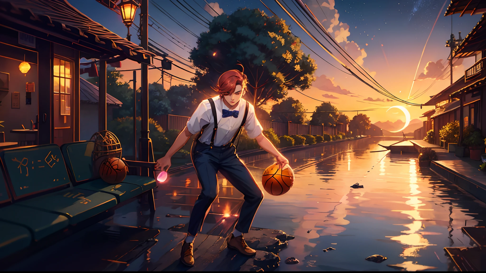 the sunset，eventide，middle parted hairstyle，Suspenders，Right-handed basketball，meteors（Swipe right），styled（Your name），A small lychee tree in the back