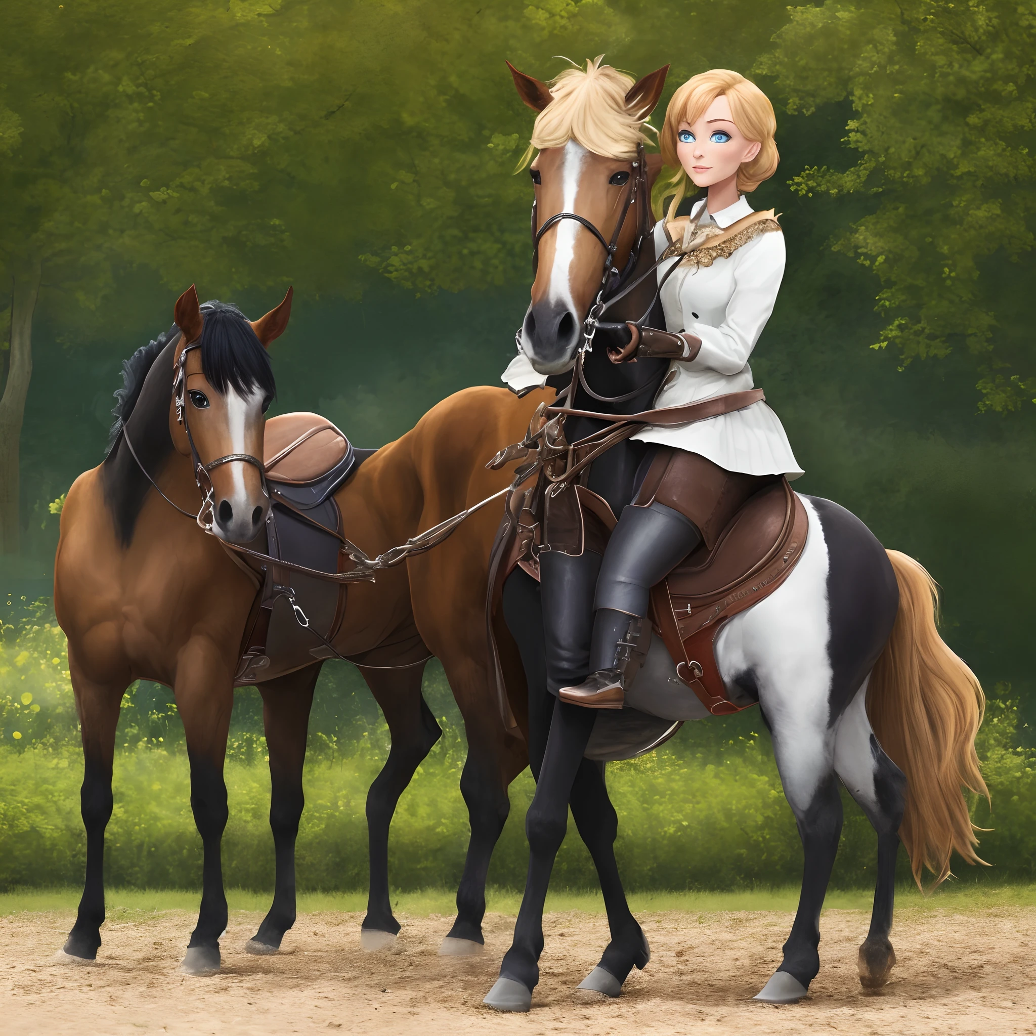 Style pixar : Young woman with blue eyes bloonde shoulder hair, avec 1 cheval pie marron coquin et 1 poney noir