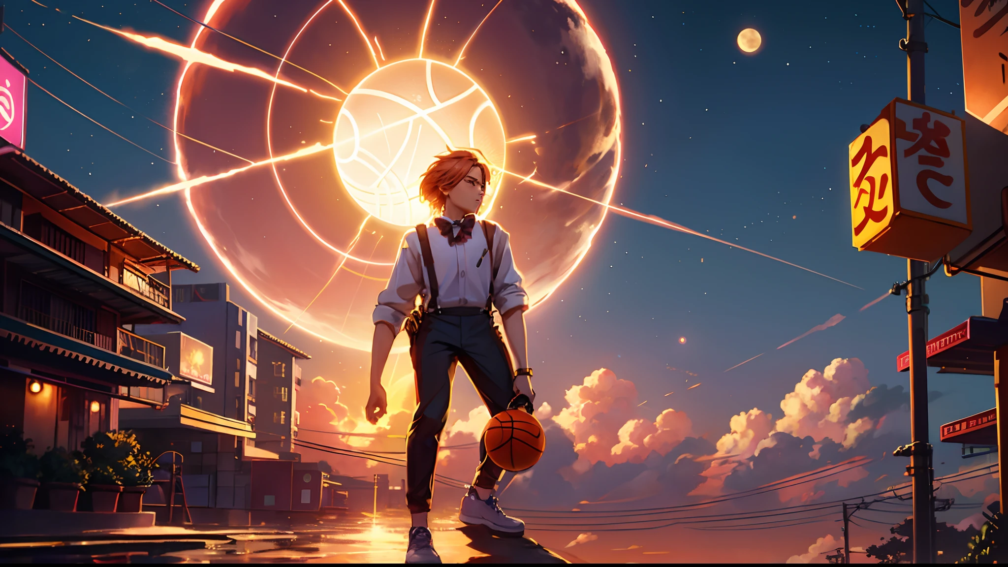 the sunset,eventide,middle parted hairstyle,Suspenders,Right-handed basketball,meteors(Swipe right),styled(Your name),A small lychee tree in the back