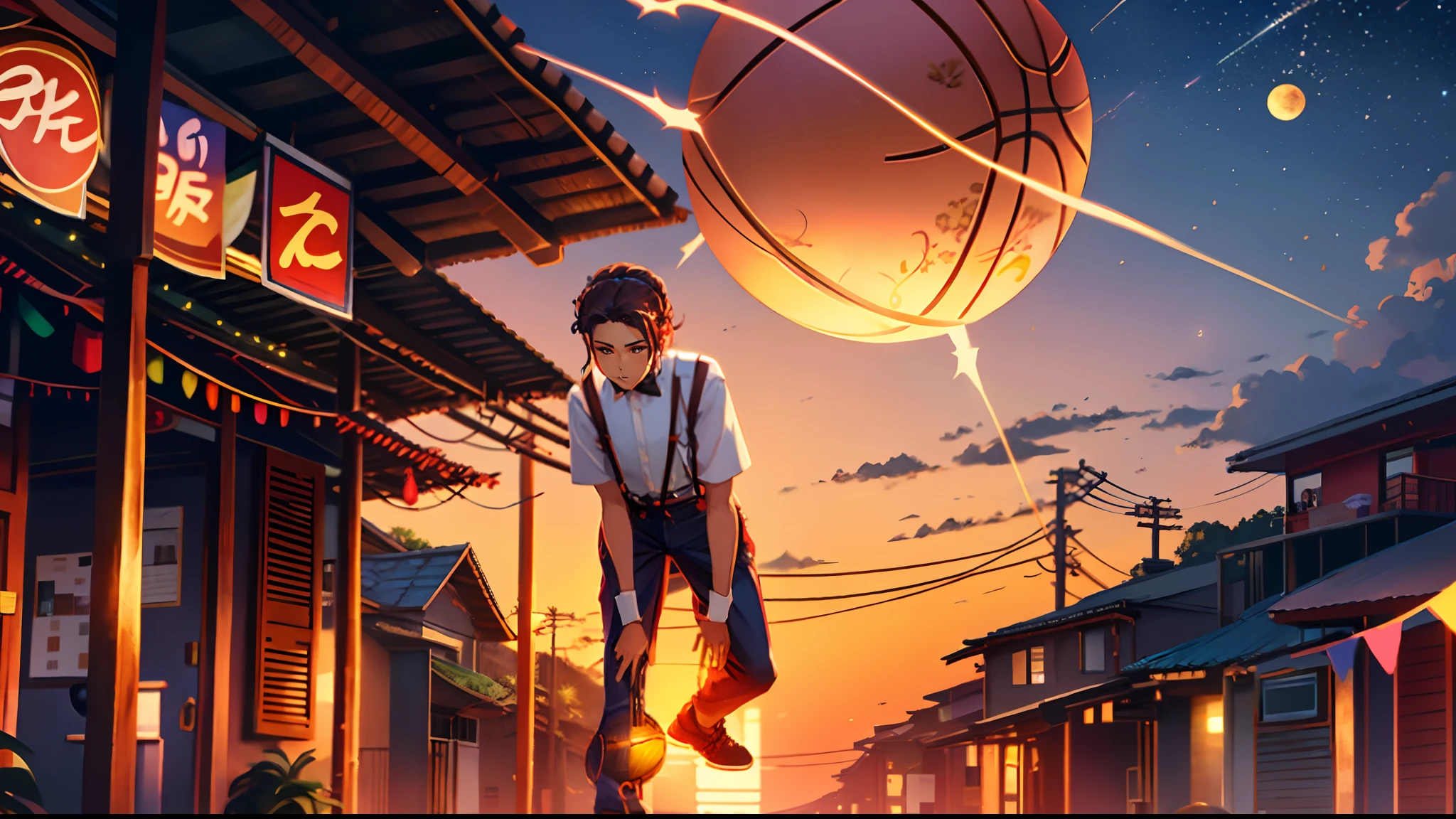 the sunset,eventide,middle parted hairstyle,Suspenders,Right-handed basketball,meteors(Swipe right),styled(Your name),A small lychee tree in the back