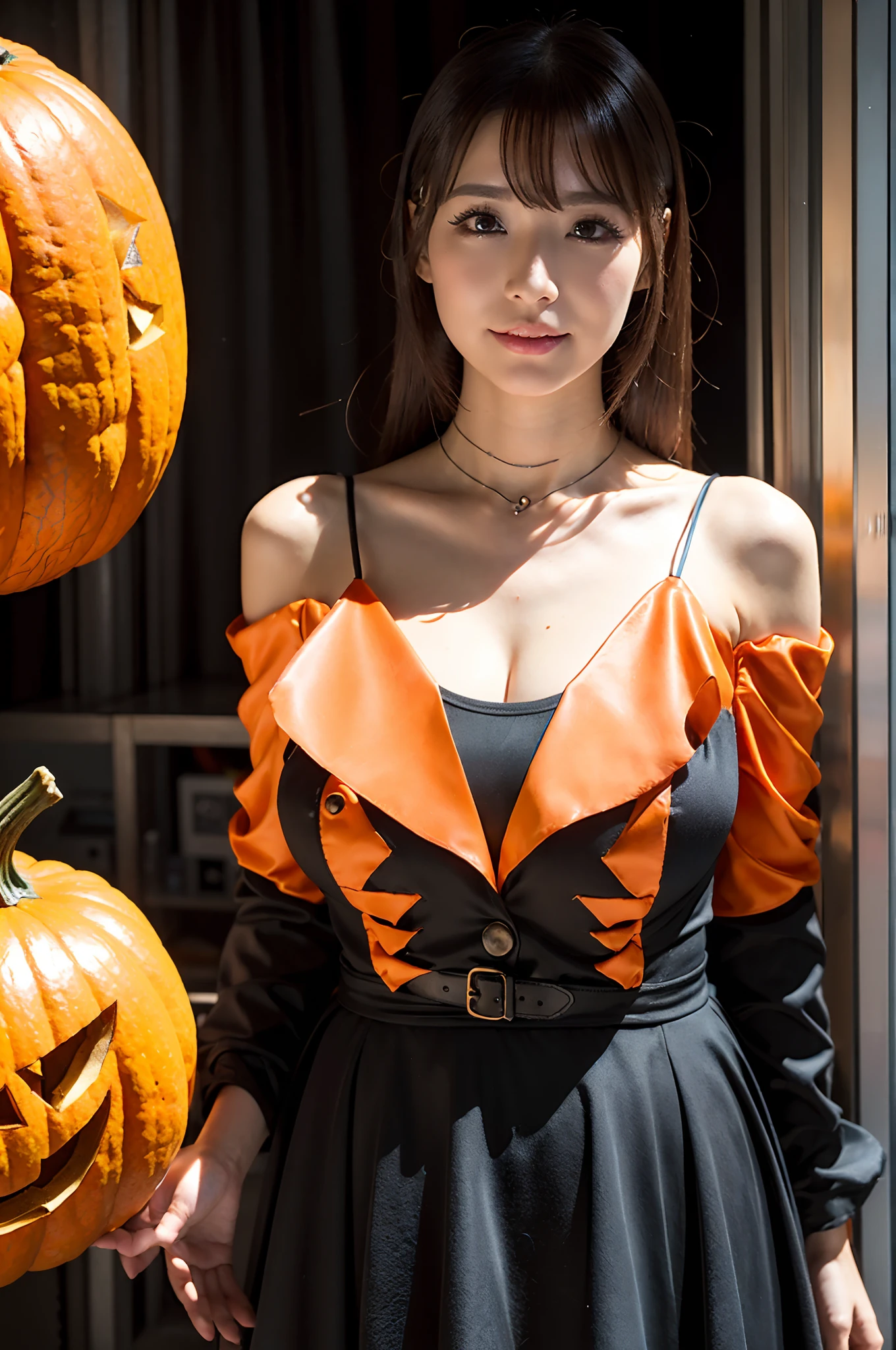 ((Posing in Witch Cosplay、Halloween、Jack-o'-lantern、Revealing clothing))、depth of fields,Real Light,Ray traching,OC Renderer,UE5 Renderer,Hyper-realistic,best qualtiy,8K,Works of masters,super-fine,Correct anatomy、Asian Women, (8K、RAW Photos、top-quality、masterpiece:1.2)、(realisitic、Photorealsitic:1.37)、25-years old、女の子1人、light brown hair、详细的脸、Detailed lips、detailedeyes、(huge-breasted:1.5)、Alafed Women、ssmile、Exuberant multicolored candy bags、Western Pumpkin、full-body view、wide hips、broad shoulder、