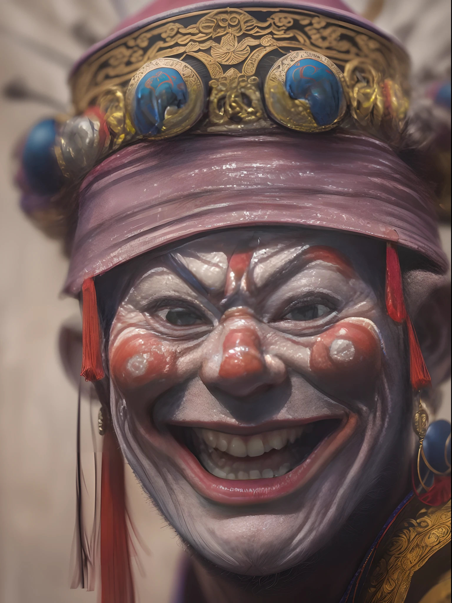((Close-up of the upper body of a man with the ugly face of a matchmaker)), (A super hilarious Peking Opera clown face), ( Laughing: 1.0), (Matchmaker makeup:1.10),Big red face,A large red flower is worn on his head,A muscular man, fit and muscular body, (No hair 1.0), obi strip,A wide training cloth is tied around the waist
background: Many of the facial makeup of Peking Opera and Sichuan Opera are hung on the black walls, Simple background,close up photograph,Photography,Ukiyo-e art,Caricature,Masterpiece,illustration,Encaustic painting,Portrait of Fayoum,Matte painting,Photorealism,Photorealistic,sober, Image from Bradford Young,author:david bailey,author:Laurent Bayeux,Refined atmosphere,Dark atmosphere,Tilt-Shift,Waist Shot(WS),Close up,Mood lighting, --AR 3:4 - Style original - varnishing ,a 3D render